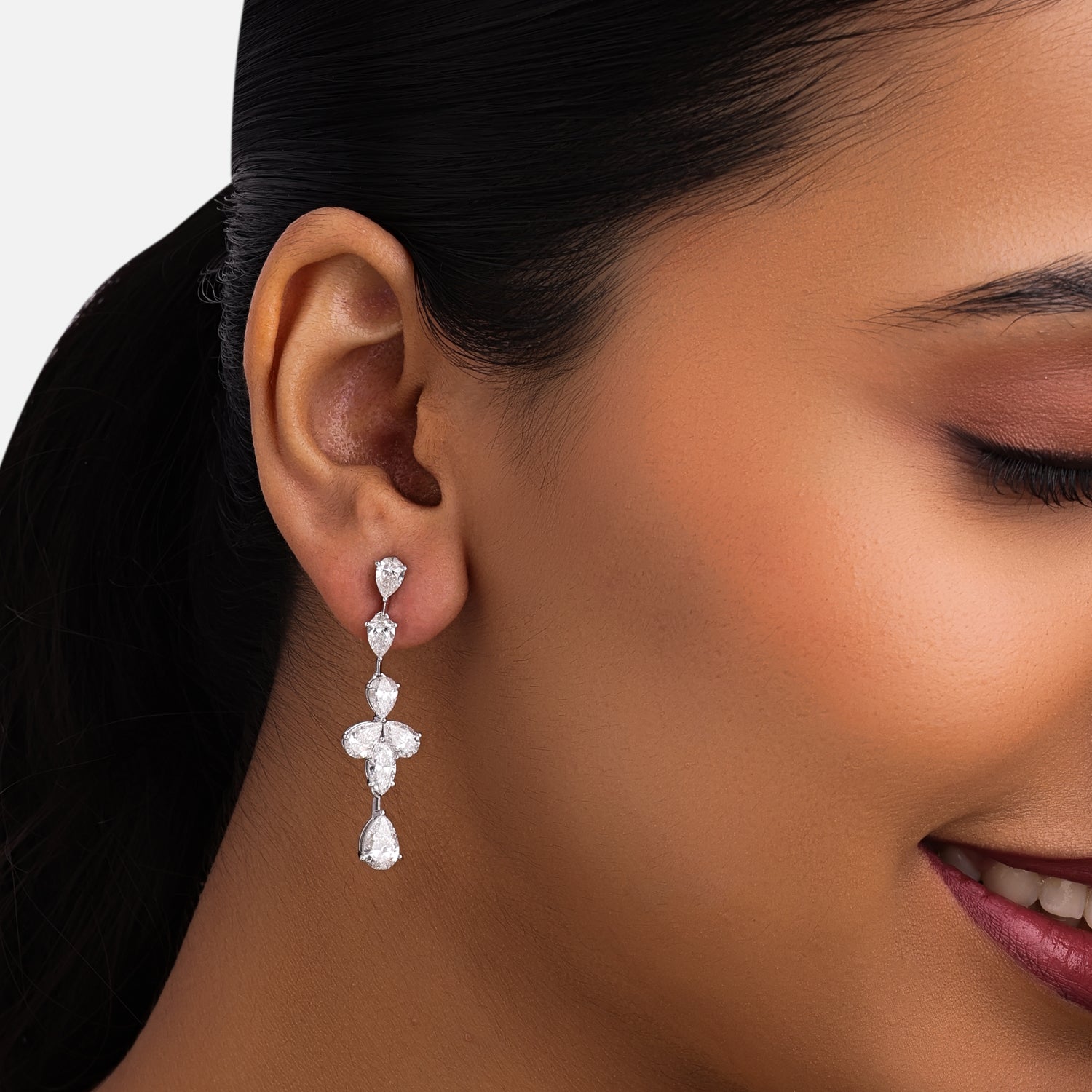 Lab-Grown Pear and Marquise Diamond Floral Drop Earrings in 18K White Gold | SKU : 0004953524