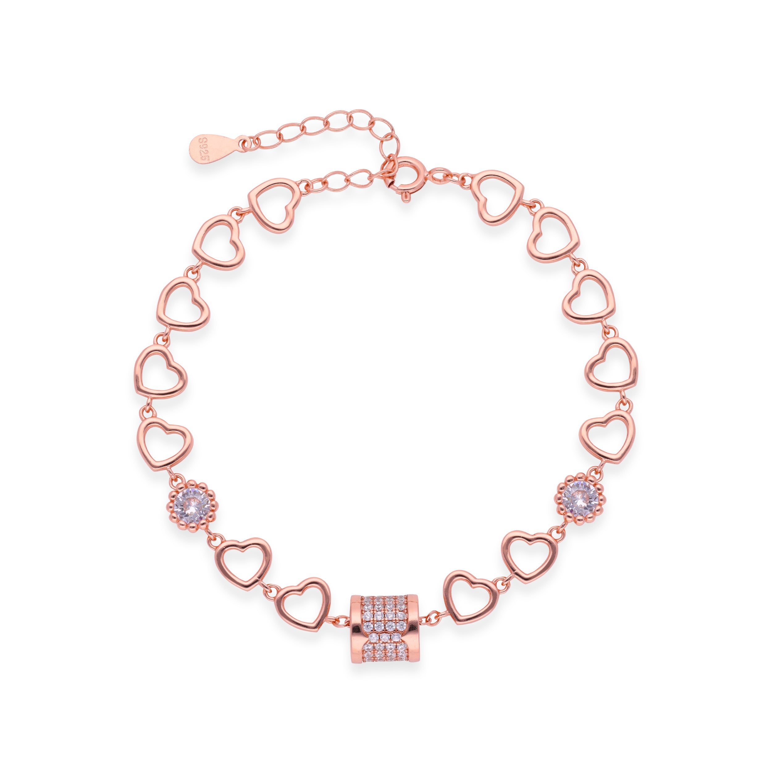 Rose Gold Heart Charm Bracelet with Pave Set Accents | SKU : 0003109786, 0003109779