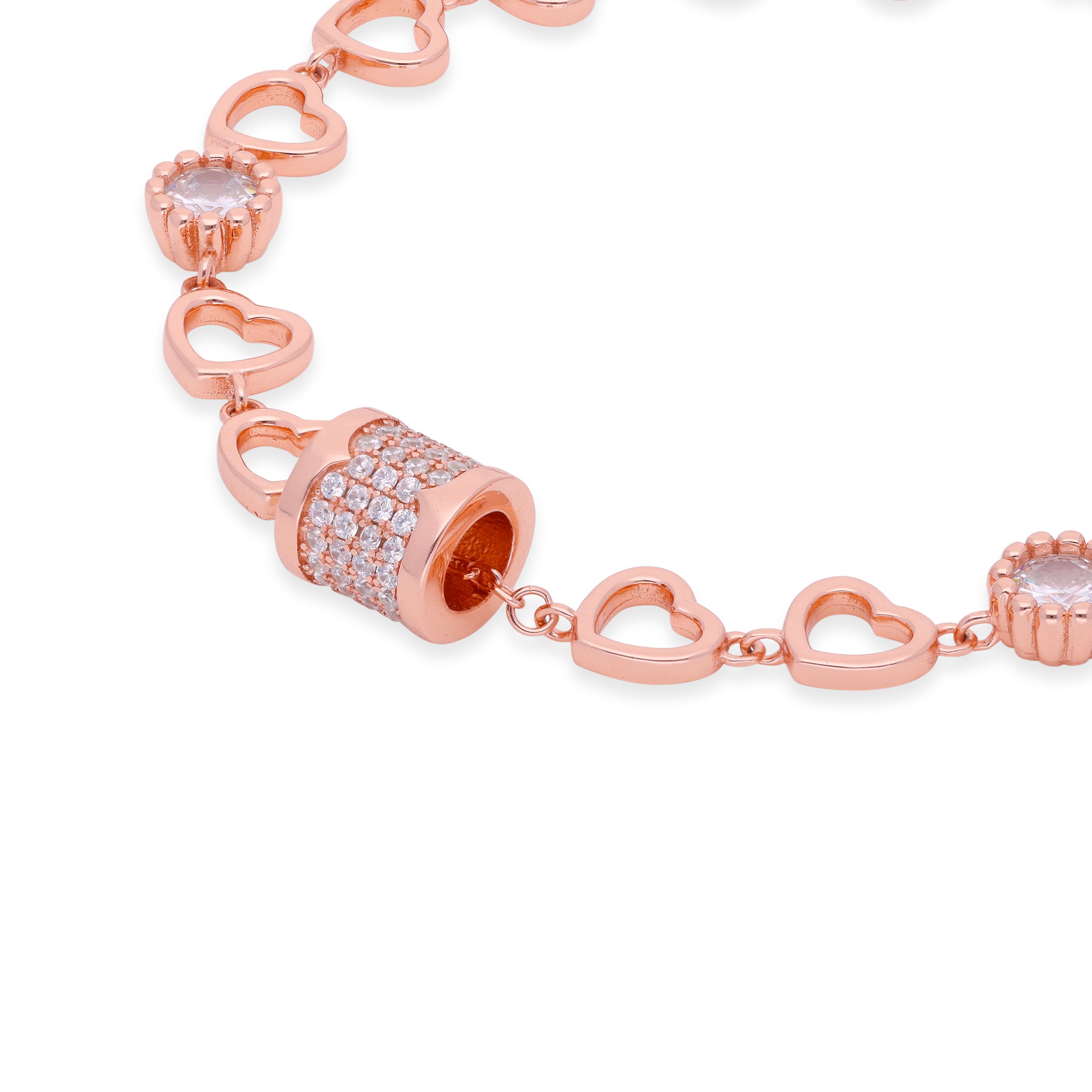 Rose Gold Heart Charm Bracelet with Pave Set Accents | SKU : 0003109786, 0003109779