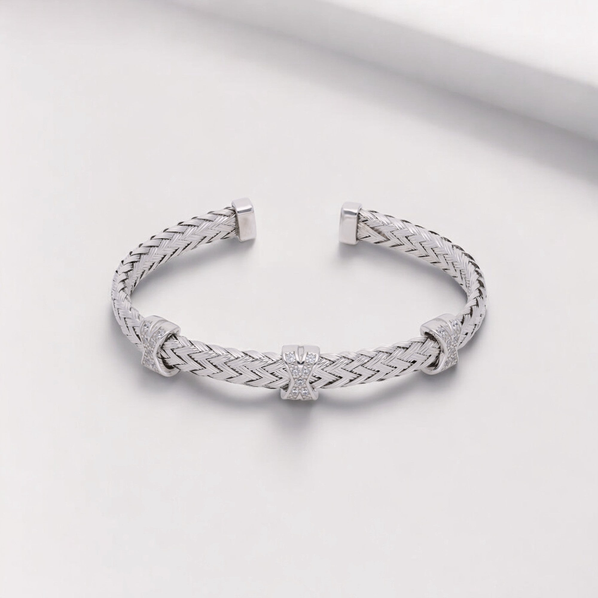 Woven Sterling Silver Cuff Bracelet with Diamond Cross Accent | SKU : 0003111796, 0003111772, 0003111789, 0003111758