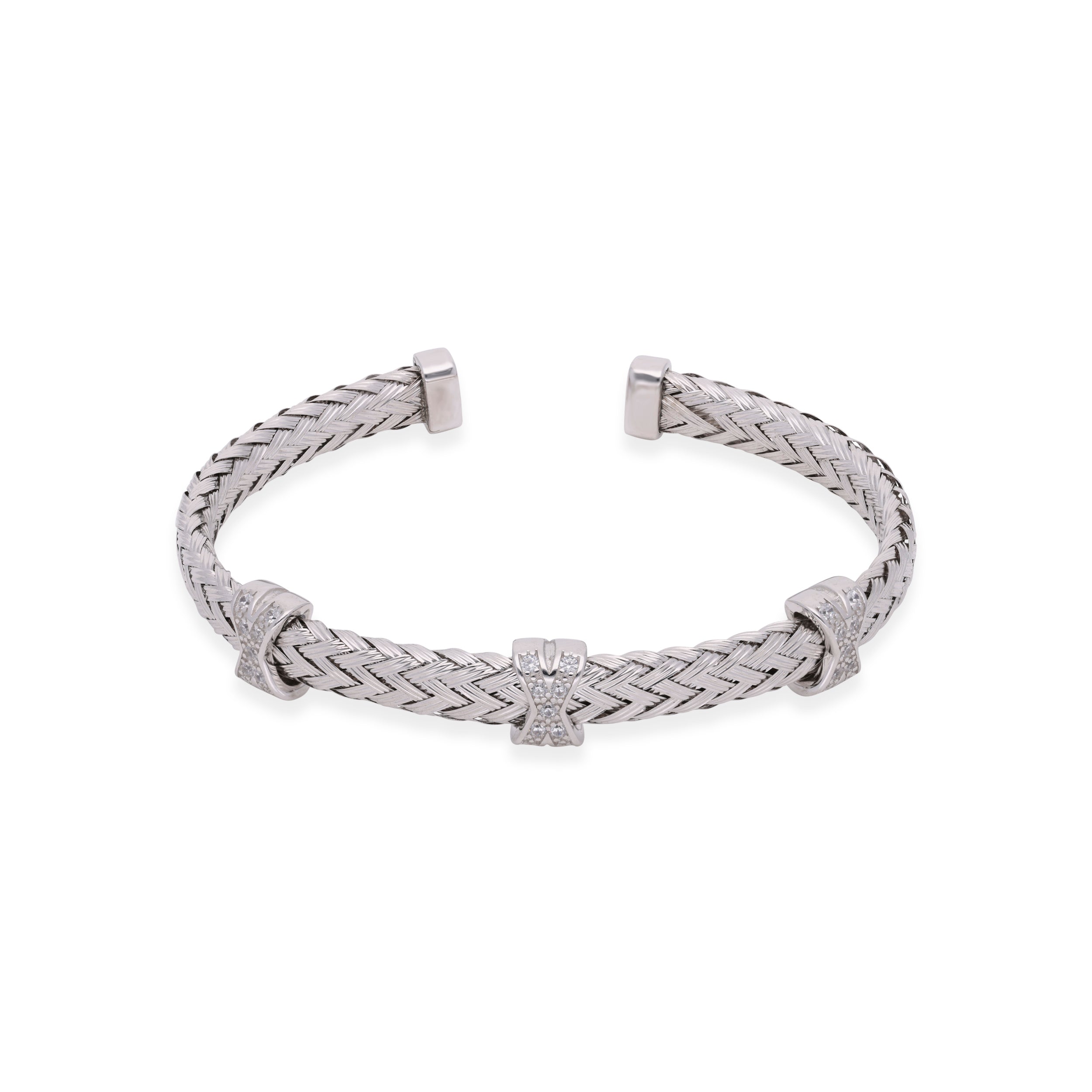 Woven Sterling Silver Cuff Bracelet with Diamond Cross Accent | SKU : 0003111796, 0003111772, 0003111789, 0003111758