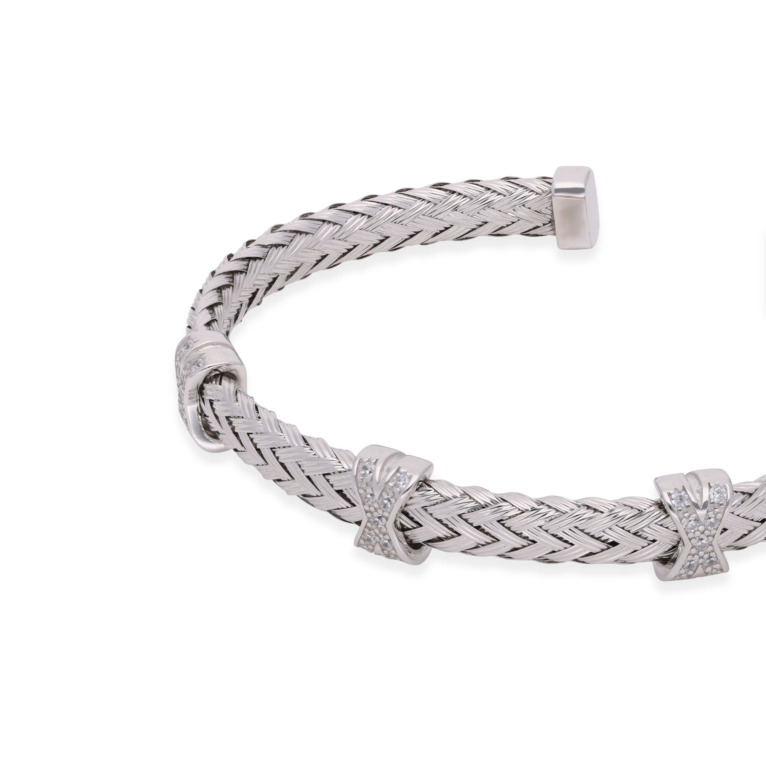 Woven Sterling Silver Cuff Bracelet with Diamond Cross Accent | SKU : 0003111796