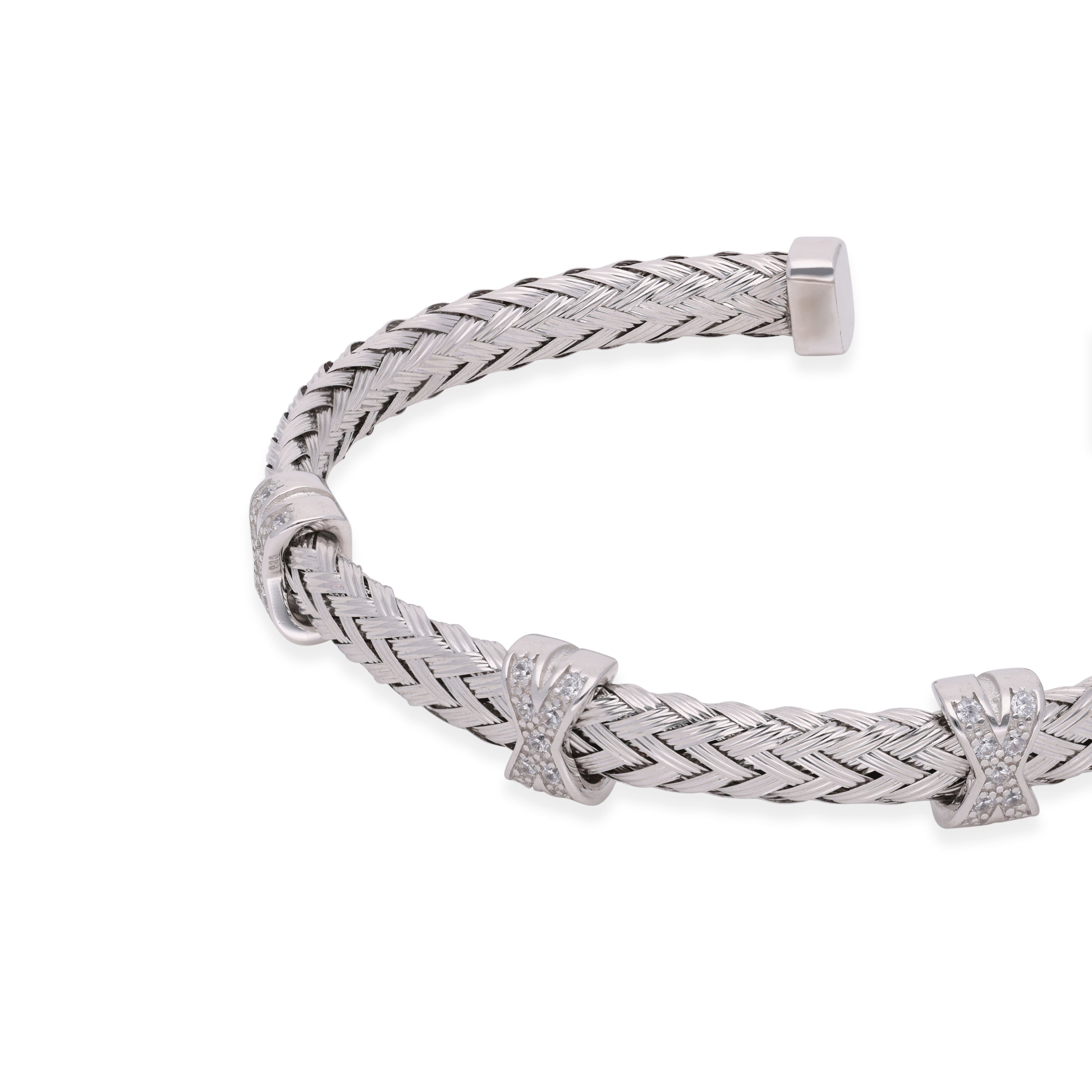 Woven Sterling Silver Cuff Bracelet with Diamond Cross Accent | SKU : 0003111796, 0003111772, 0003111789, 0003111758