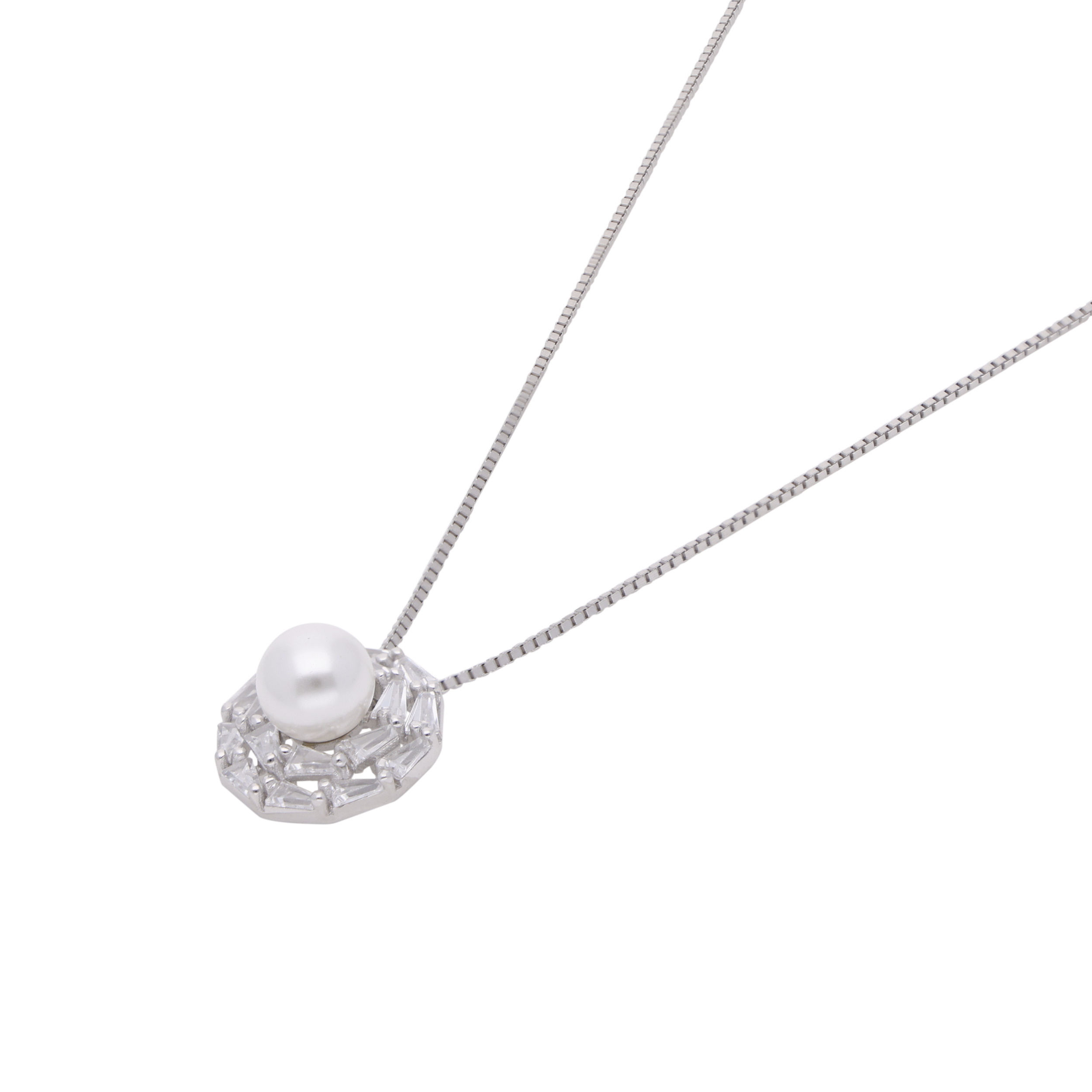 Sterling Silver Lightweight Pendant Necklace with Central Pearl and Cubic Zirconia | SKU : 0003112175, 0003112137 - crash.club by CKC