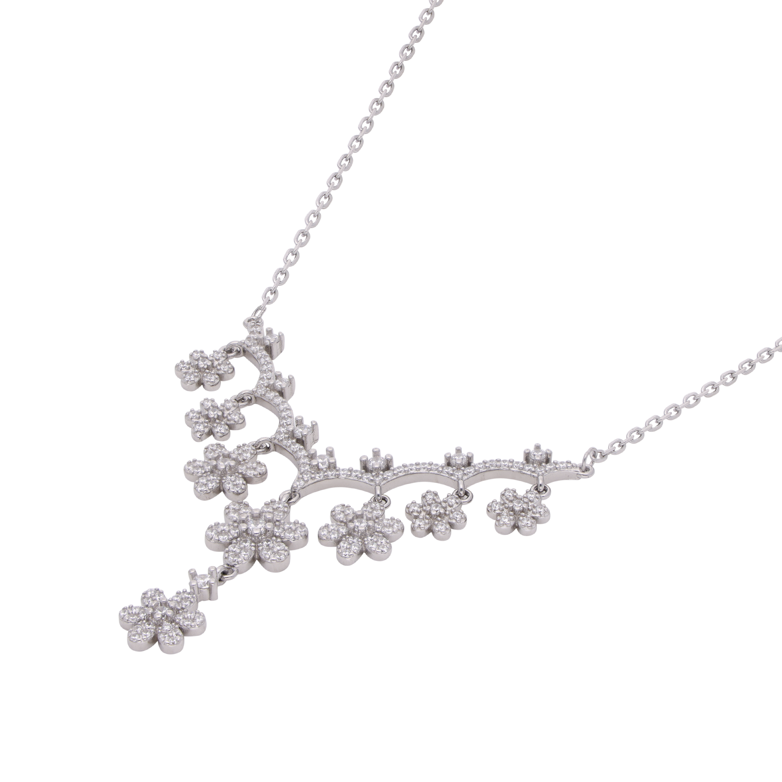 Floral Elegance: Sterling Silver Double Hook Chain Pendant Studded with Cubic Zircons | SKU : 0003113769
