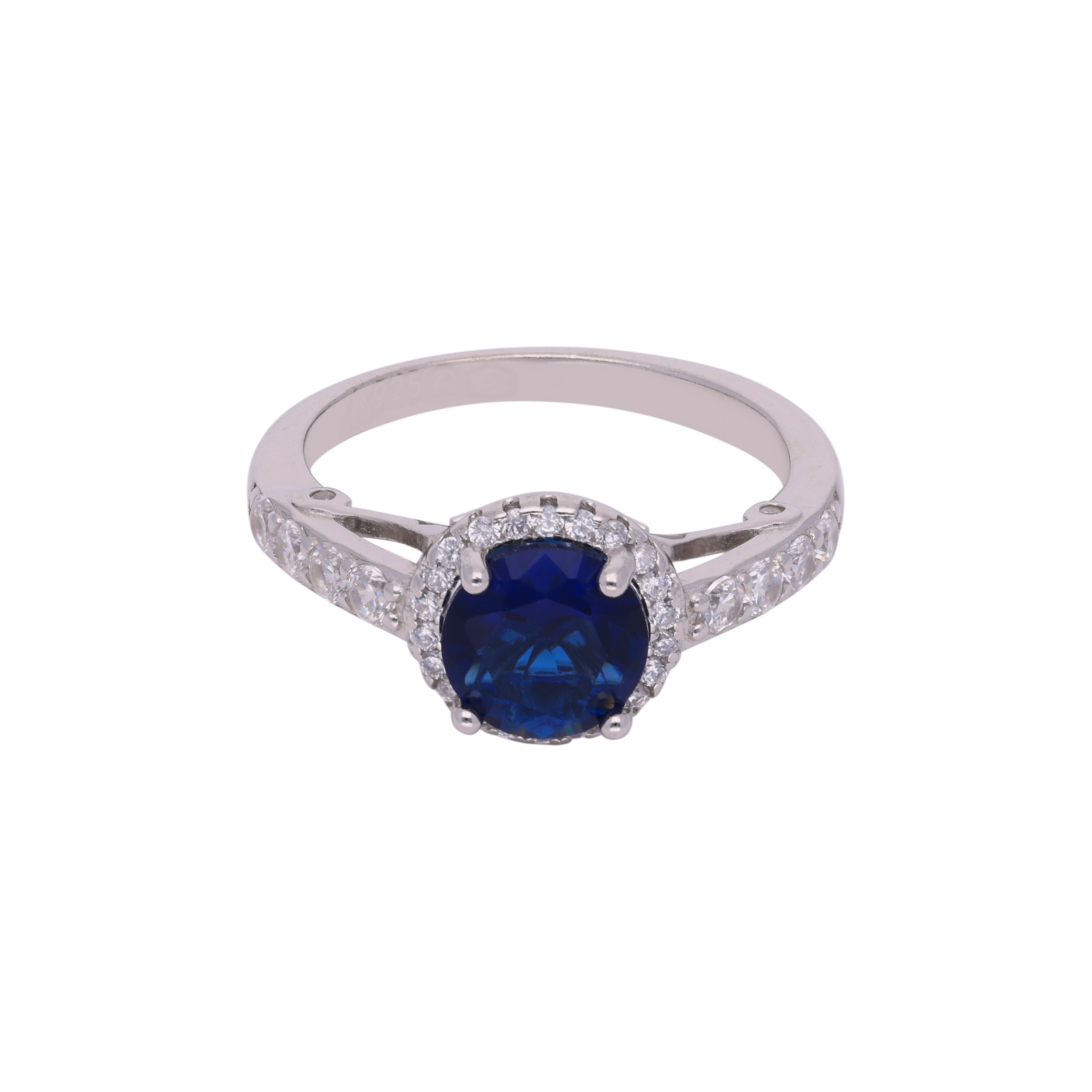 Azure Elegance: Sterling Silver Solitaire Ring with Blue Stone and Cubic Zircon Accents | SKU : 0003114506