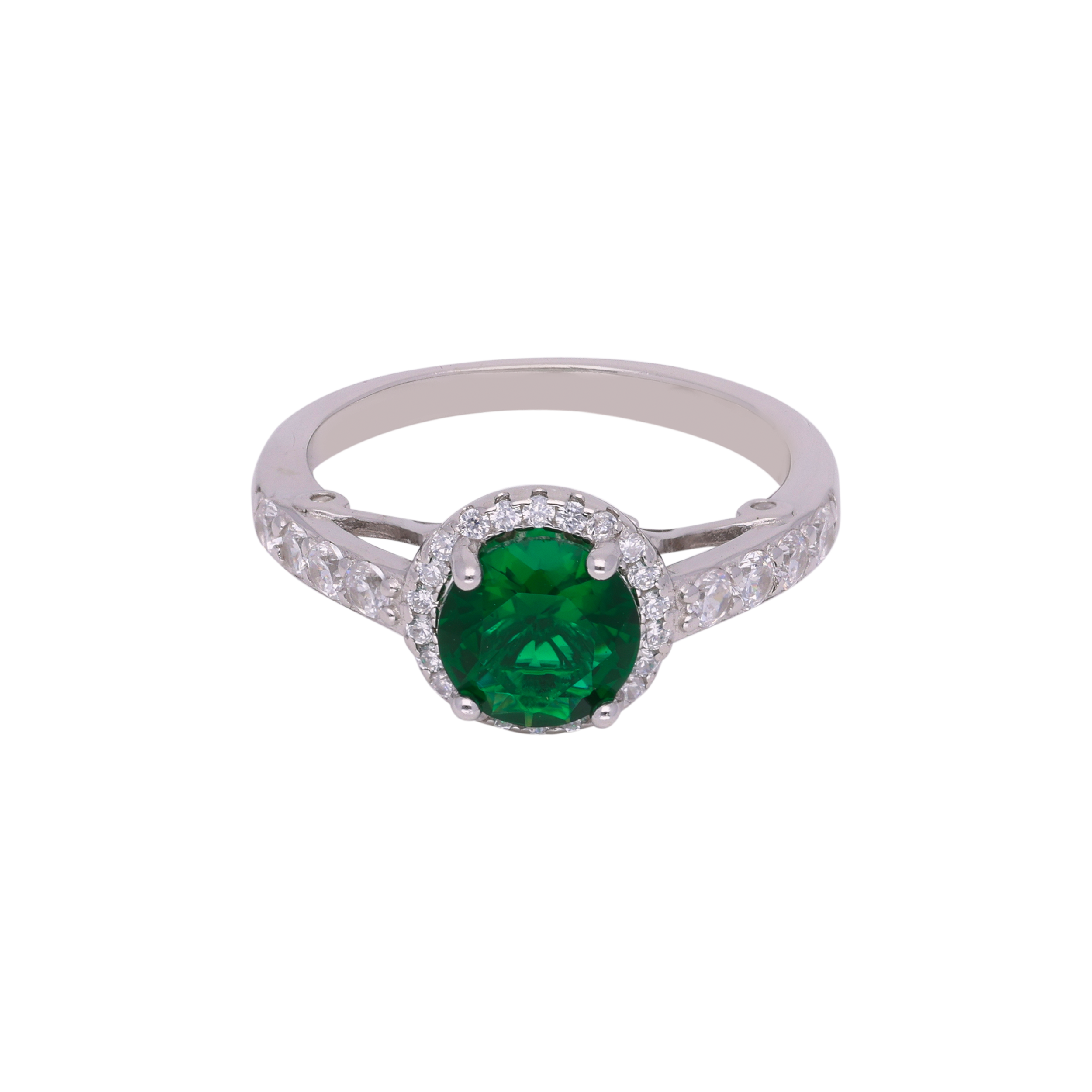 Emerald Radiance: Sterling Silver Solitaire Ring with Green Stone and Cubic Zircon Accents | SKU : 0003114537