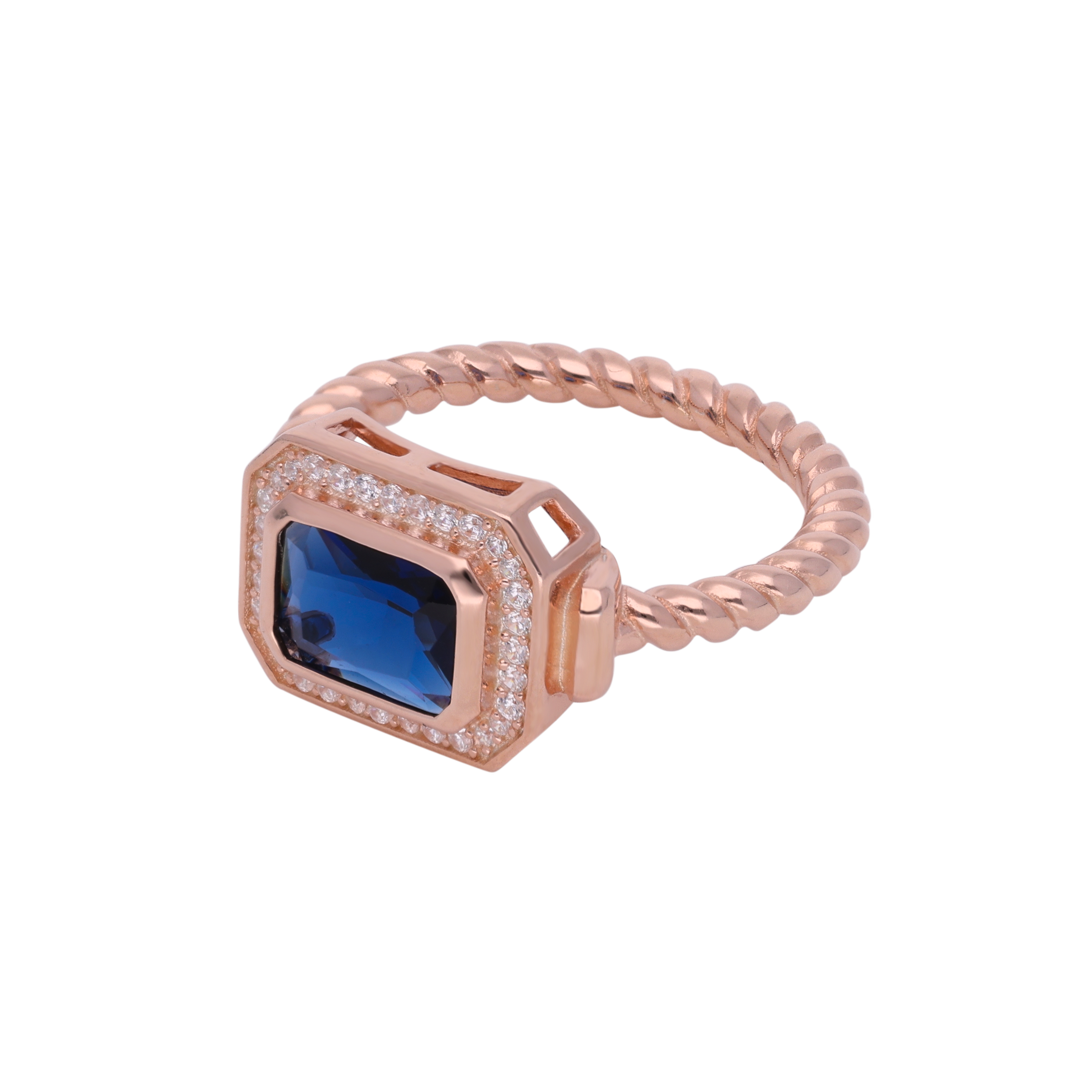 Azure Elegance: Sterling Silver Rose Gold Band Ring with Blue Stone and Cubic Zircons | SKU : 0003114711