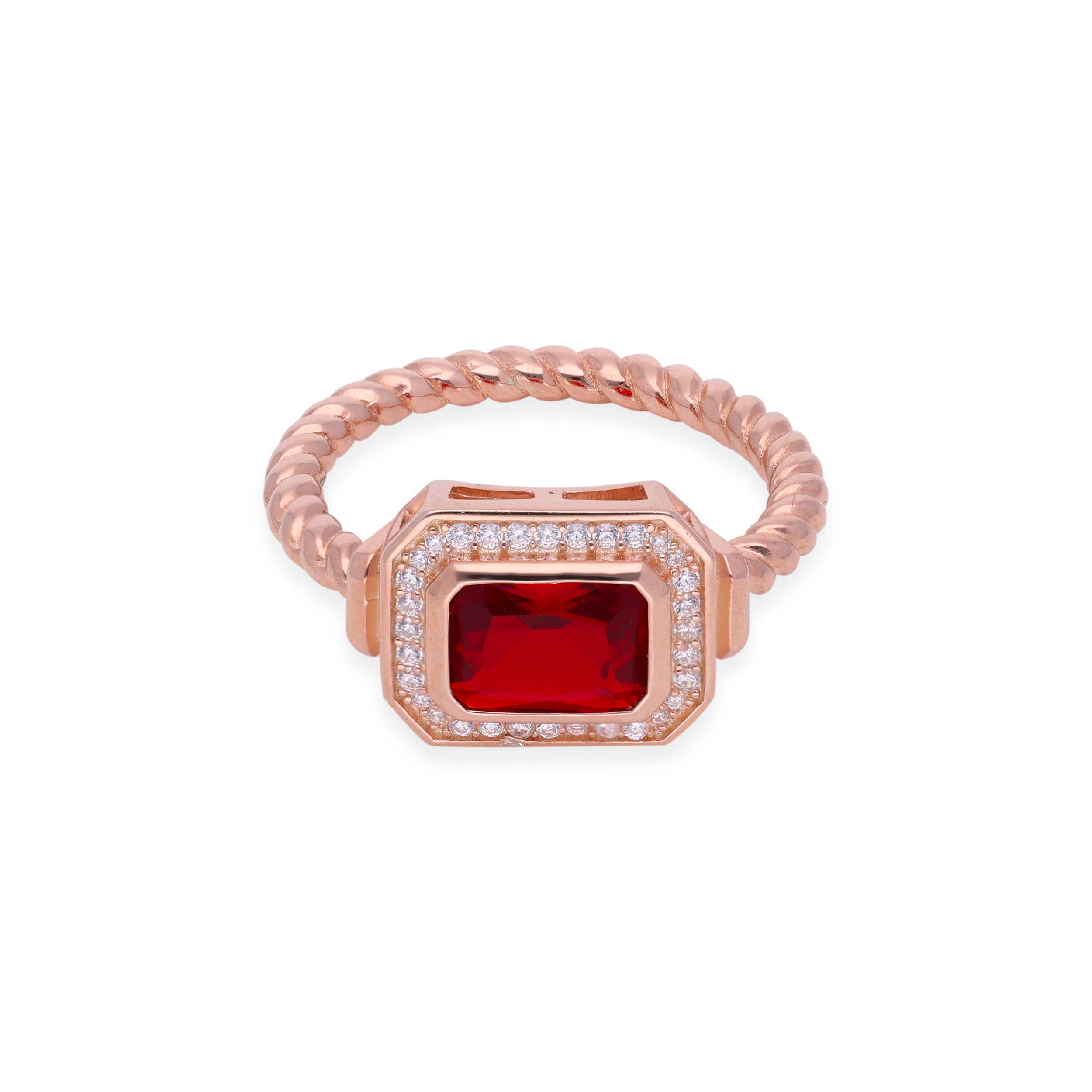 Rose Gold Twisted Band Ring with Red Gemstone and Diamond Halo | SKU : 0003114766