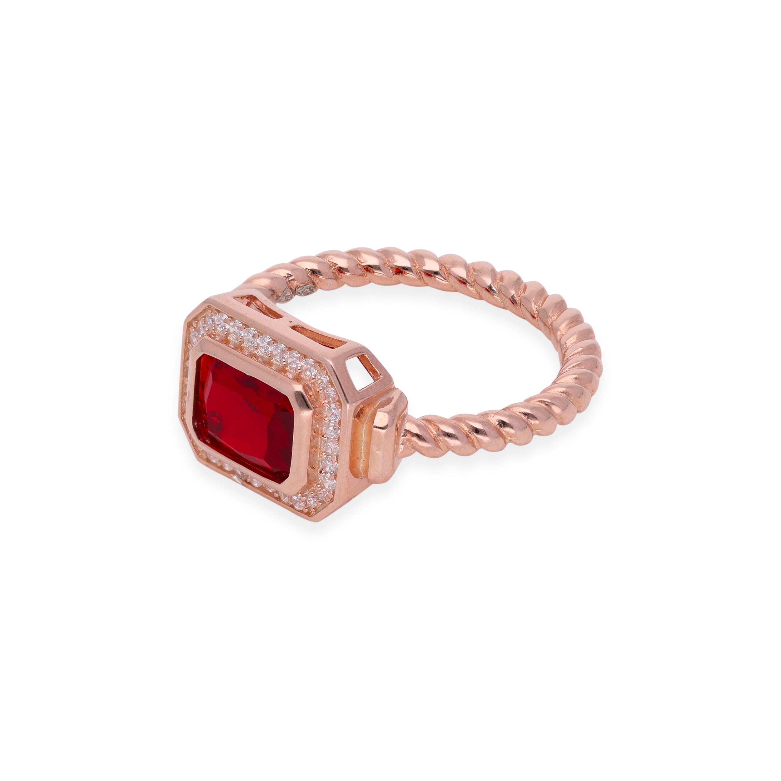 Rose Gold Twisted Band Ring with Red Gemstone and Diamond Halo | SKU : 0003114766