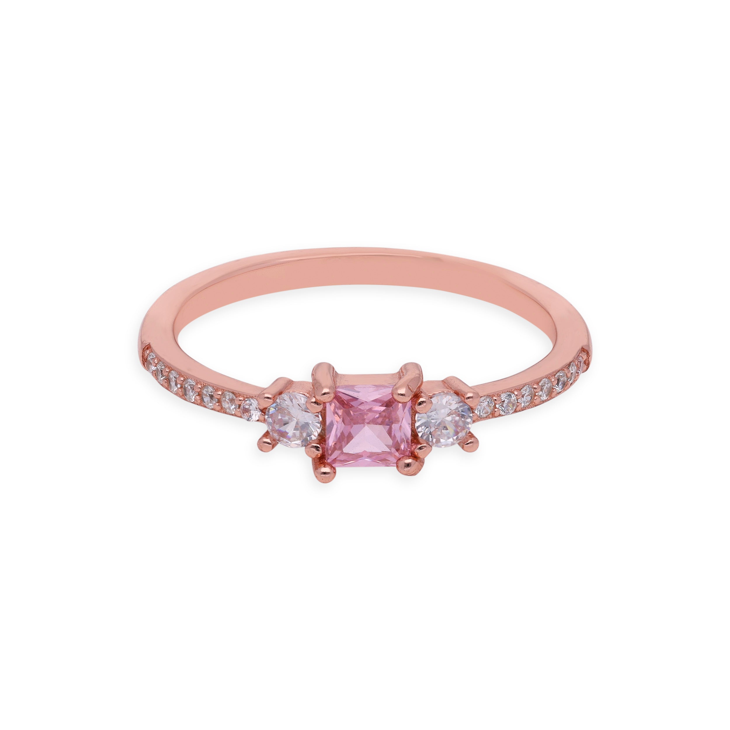 Radiant Rose Gold Three-Stone Pink Sapphire and Diamond Ring | SKU : 0003116142