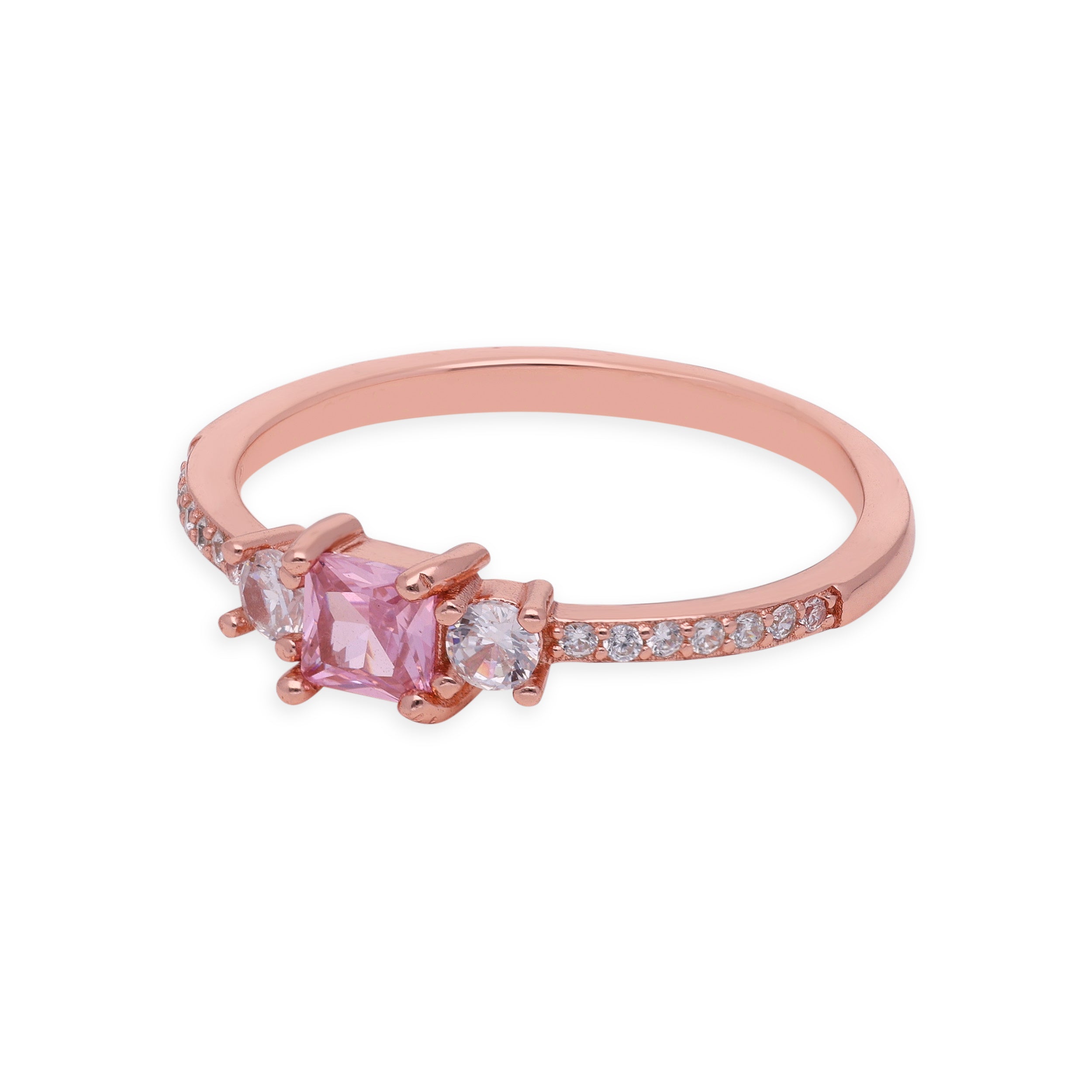 Radiant Rose Gold Three-Stone Pink Sapphire and Diamond Ring | SKU : 0003116142