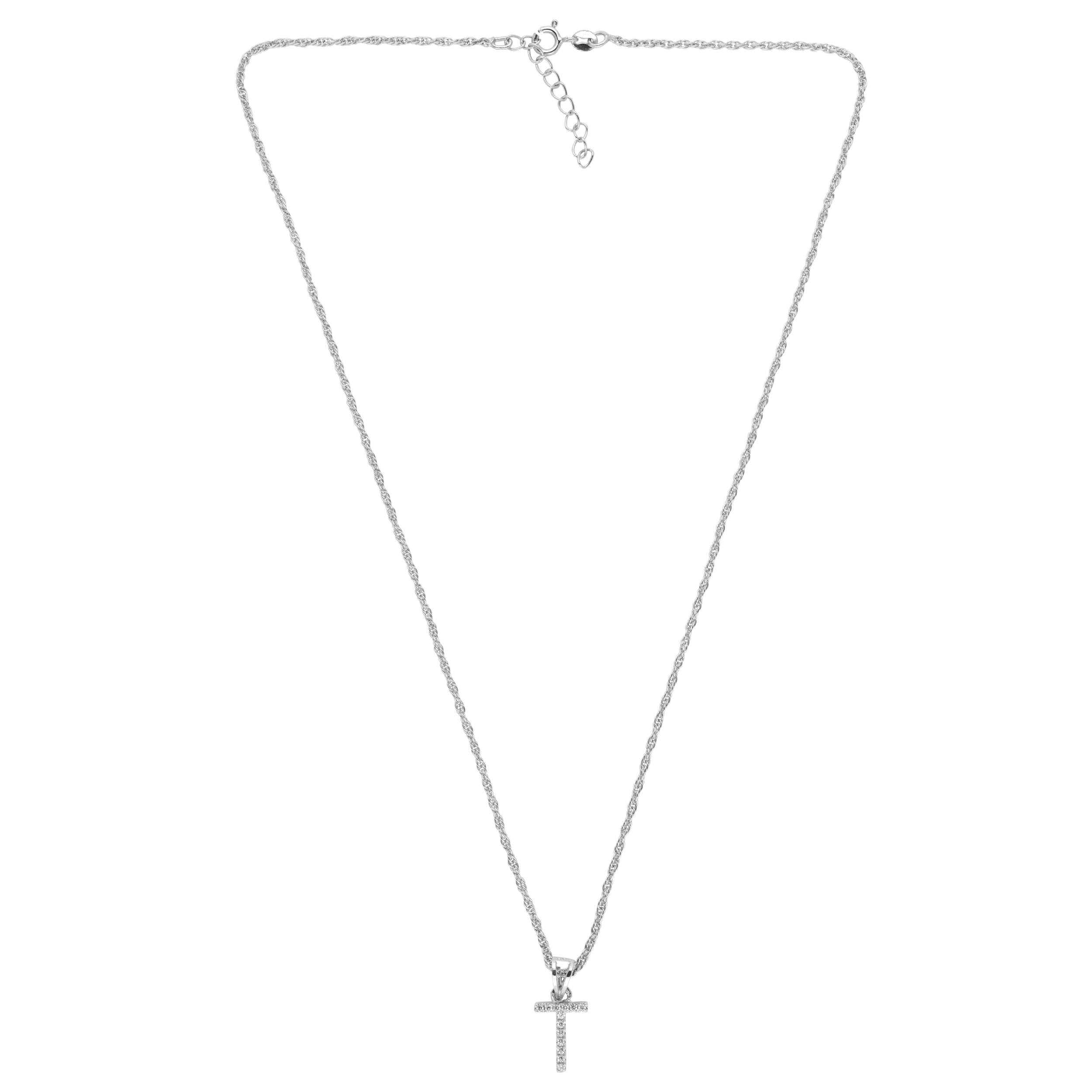 Elegant Sterling Silver 'T' Initial Chain Pendant with Cubic Zirconia Studs | SKU : 0003218501, 0003218525 , 0003218518