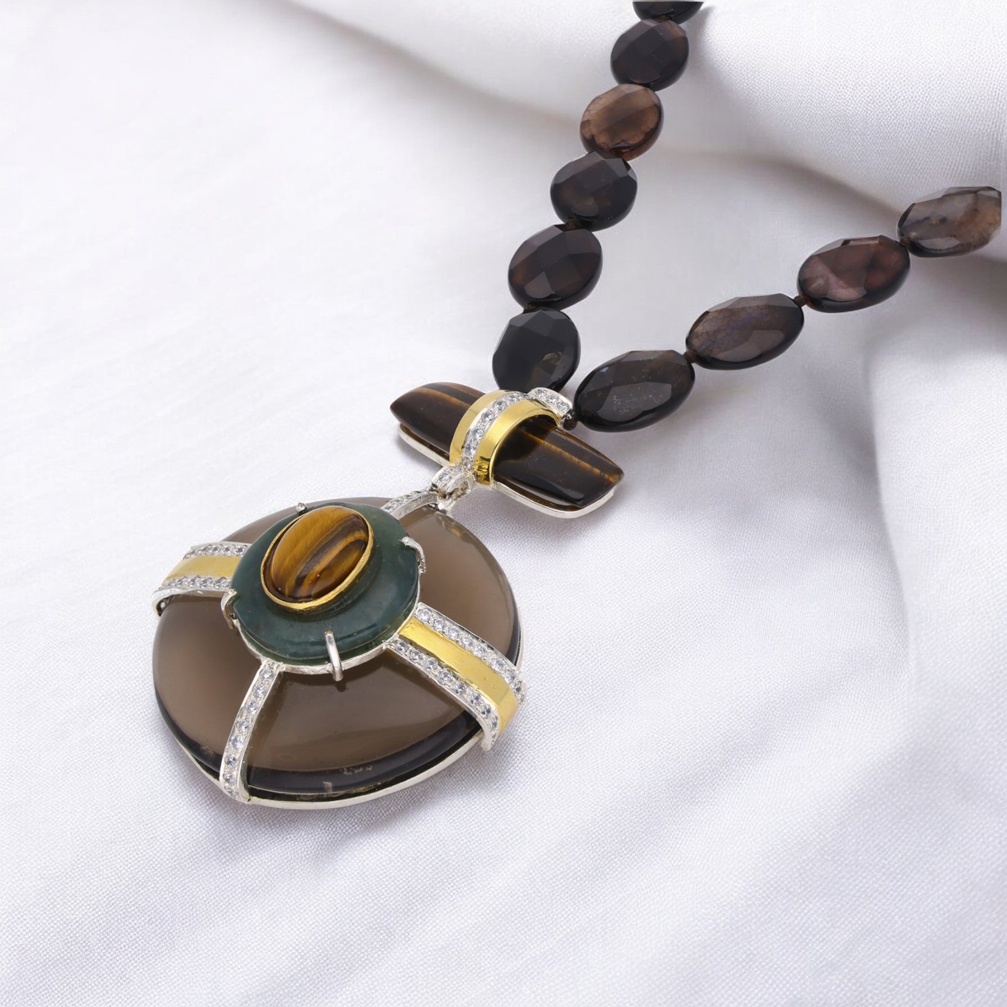 Pendant Chain with Smokey Topaz, Tiger Eye, and Multicolor Beads | SKU : 0003242056