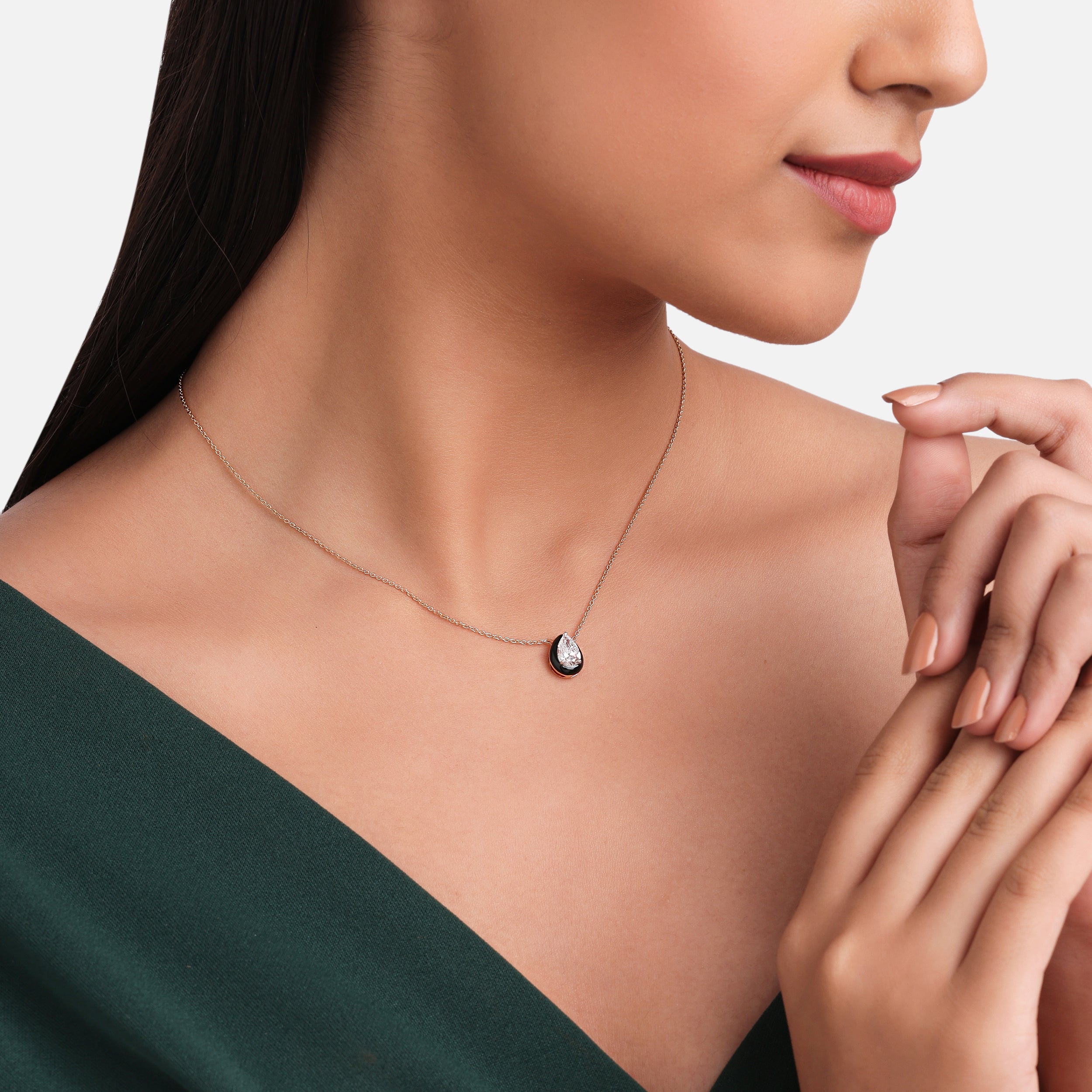 Pear-Cut 2.01 Lab-Grown Diamond Necklace with Black Onyx Accent in Rose Gold| SKU : 0003362938