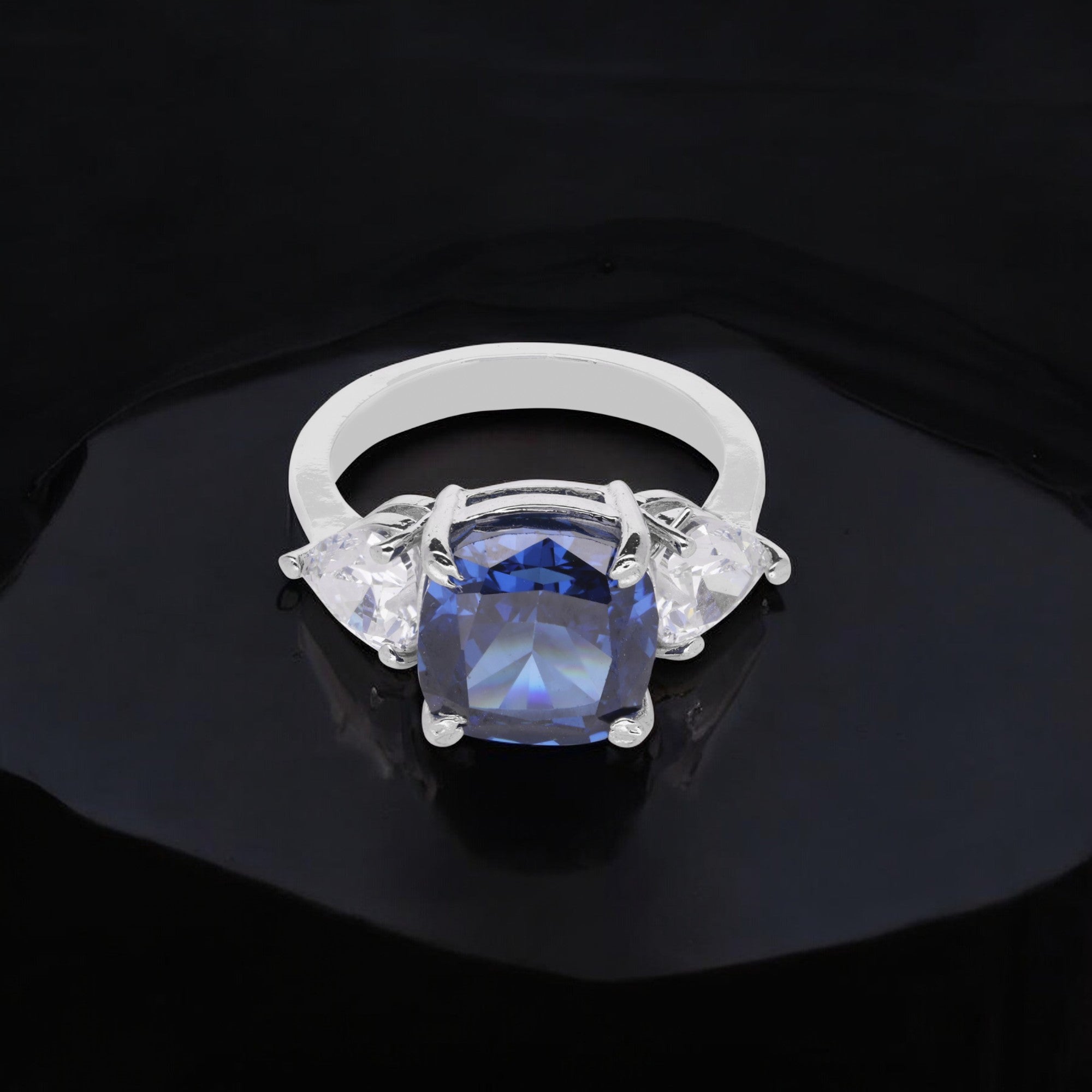 Silver Ring with Blue Gemstone and Sparkling Accents| SKU: 0003395127