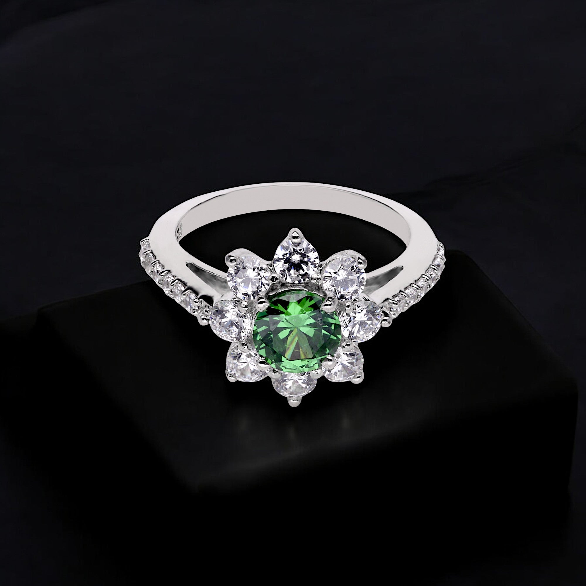 Floral Sterling Silver Ring with Green Gemstone and Cubic Zircon Accents | SKU : 0003395189