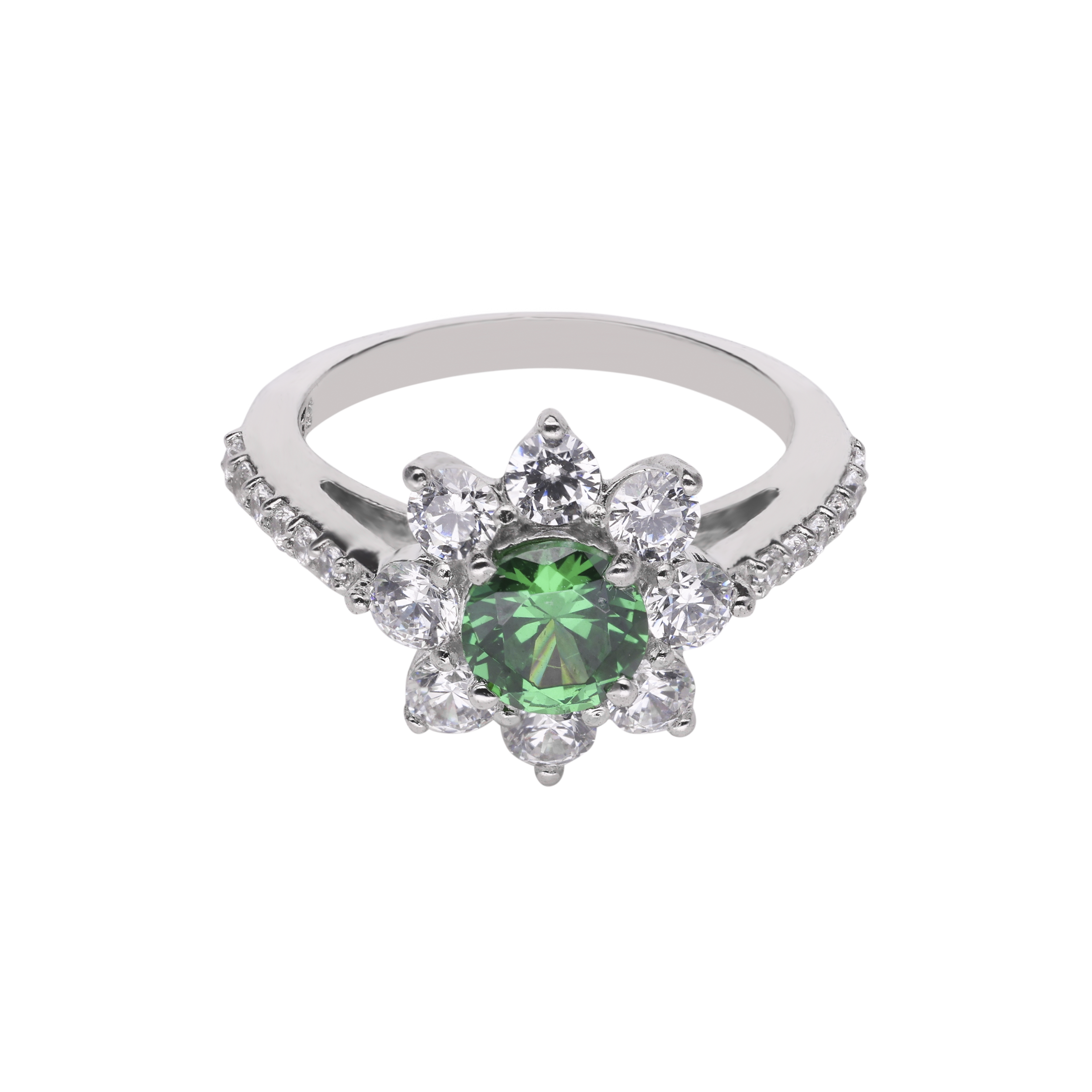 Floral Sterling Silver Ring with Green Gemstone and Cubic Zircon Accents | SKU : 0003395189