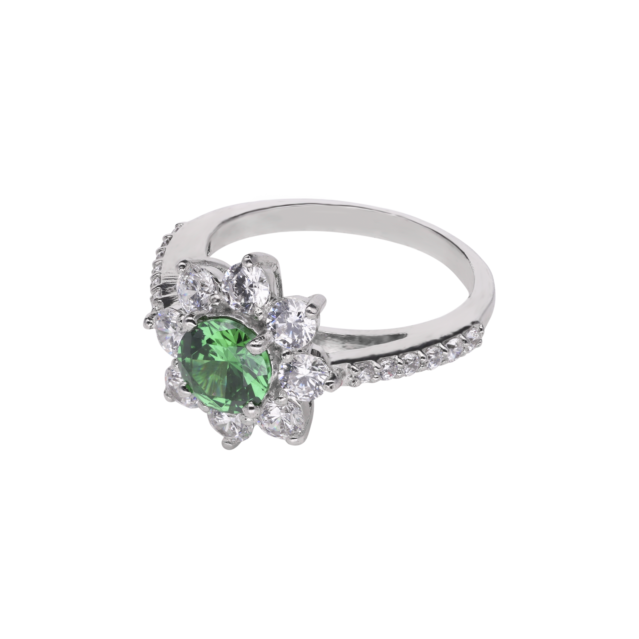 Floral Sterling Silver Ring with Green Gemstone and Cubic Zircon Accents | SKU : 0003395189