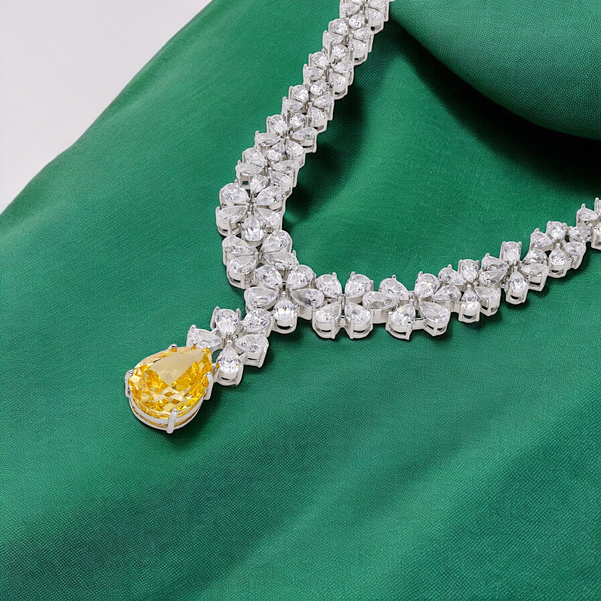 Fancy Sterling Silver Necklace with Cubic Zircons and Yellow Gemstone | SKU : 0003395226