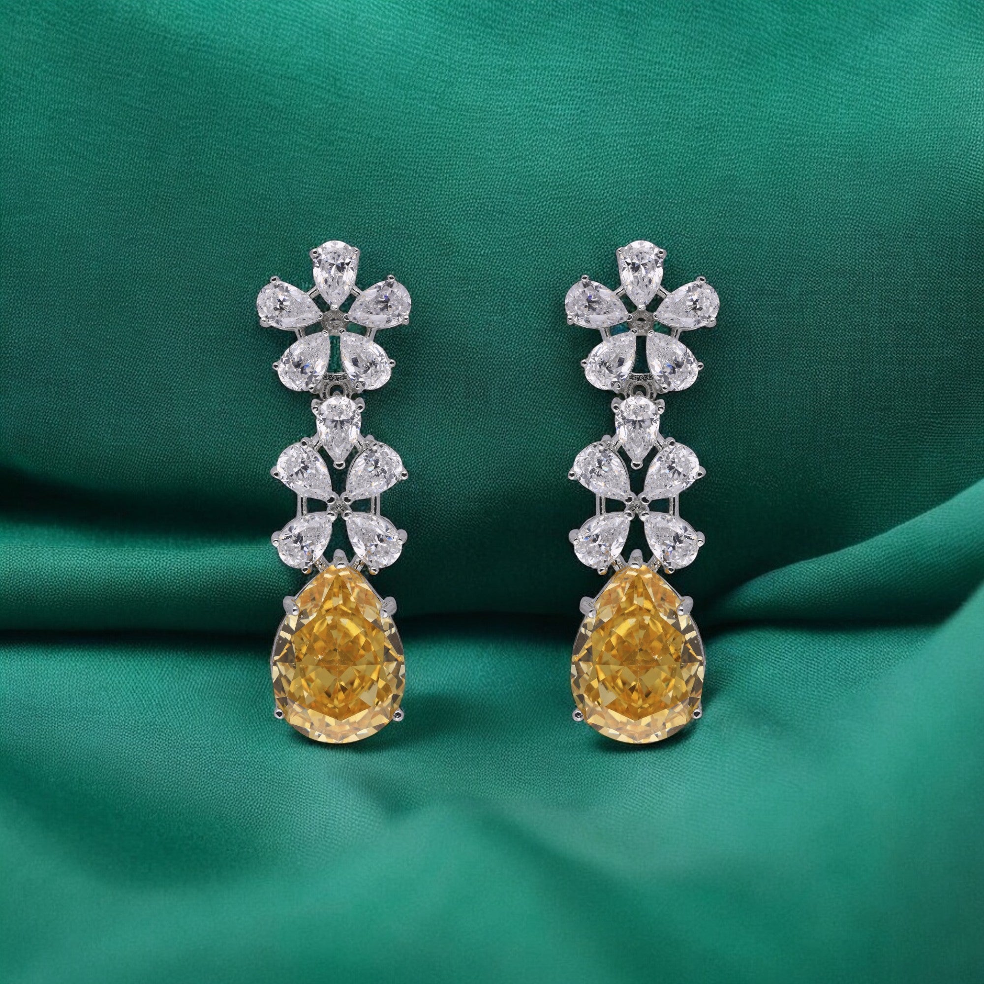 Fancy Sterling Silver Eardrops with Cubic Zircons and Yellow Gemstone | SKU : 0003395233