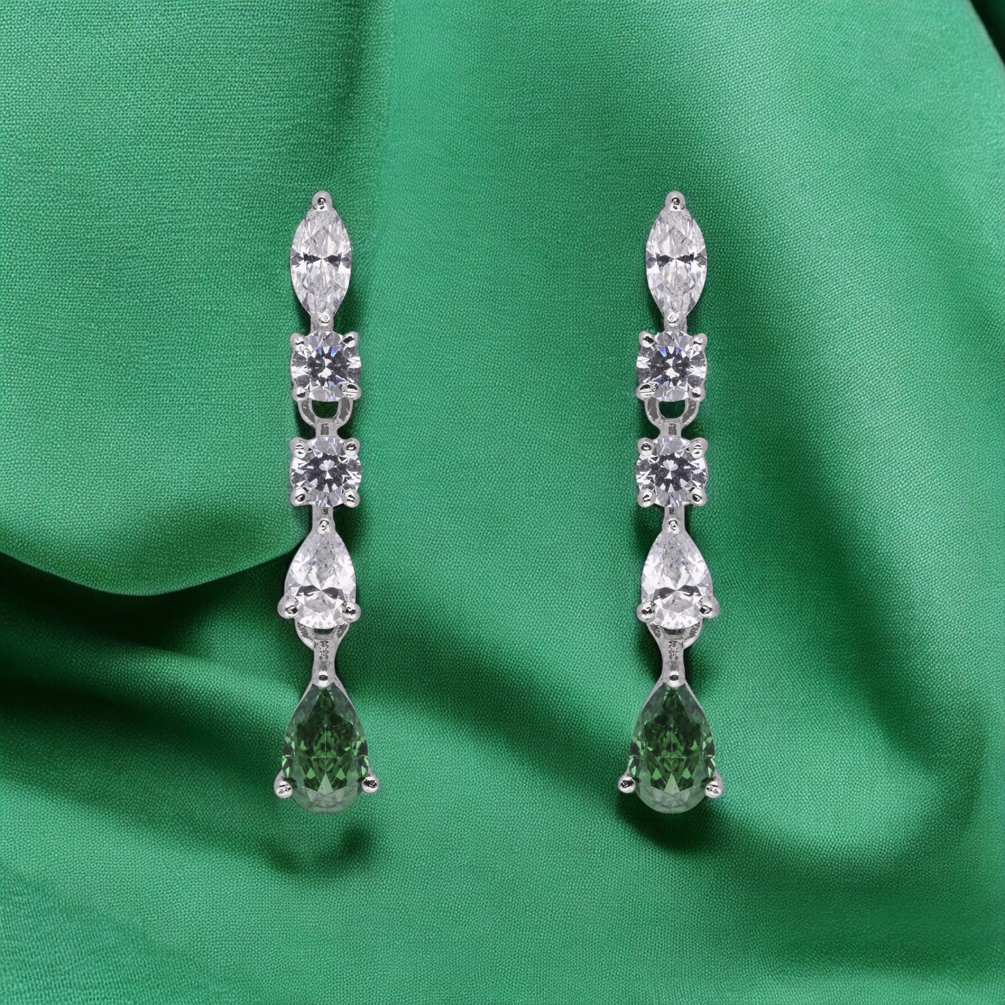 Sterling Silver Long Eardrops with Green Gem and Cubic Zircons | SKU : 0003395264