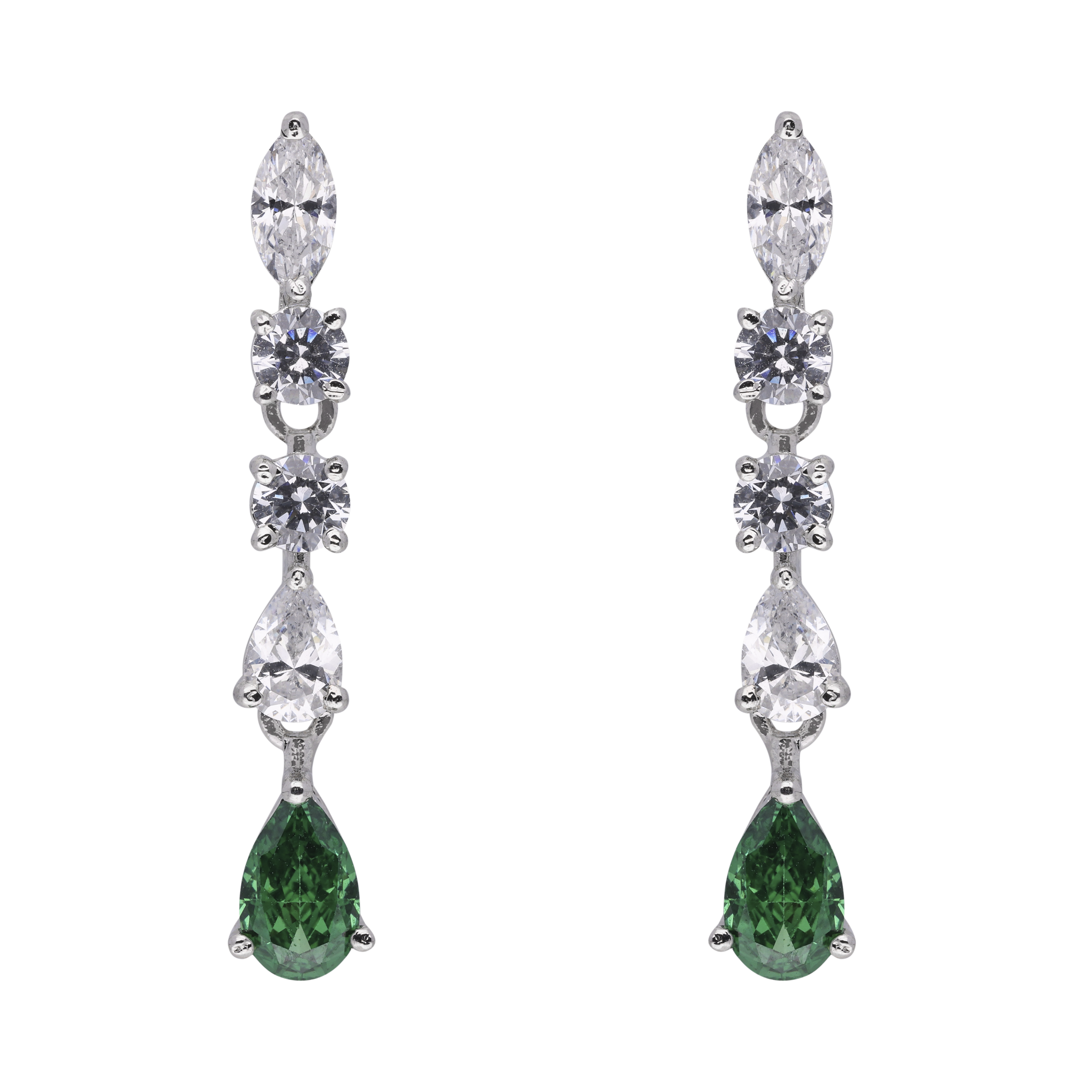 Sterling Silver Long Eardrops with Green Gem and Cubic Zircons | SKU : 0003395264