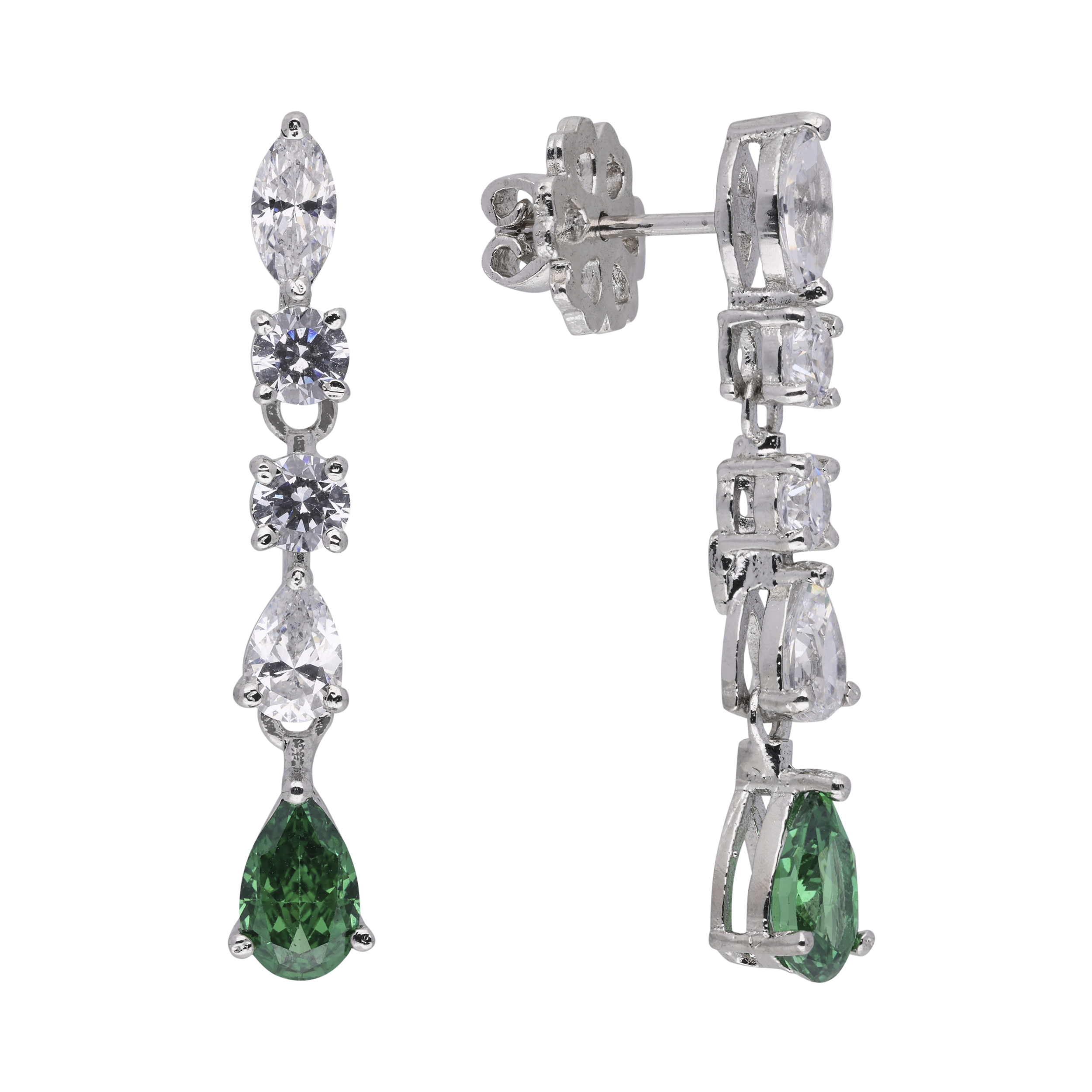 Sterling Silver Long Eardrops with Green Gem and Cubic Zircons | SKU : 0003395264