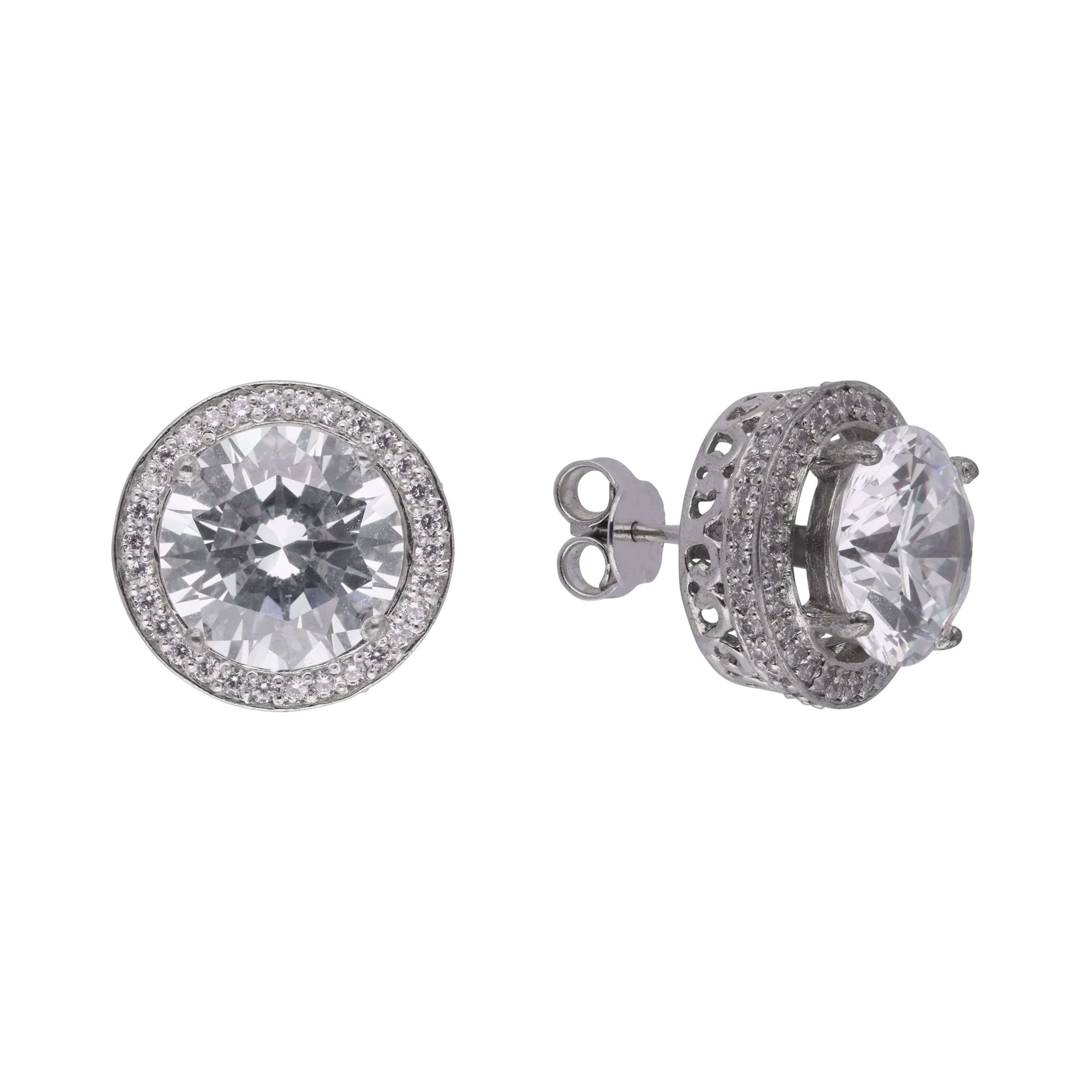 Silver Large Round Stud Earrings with Cubic Zircons | SKU : 0003396063