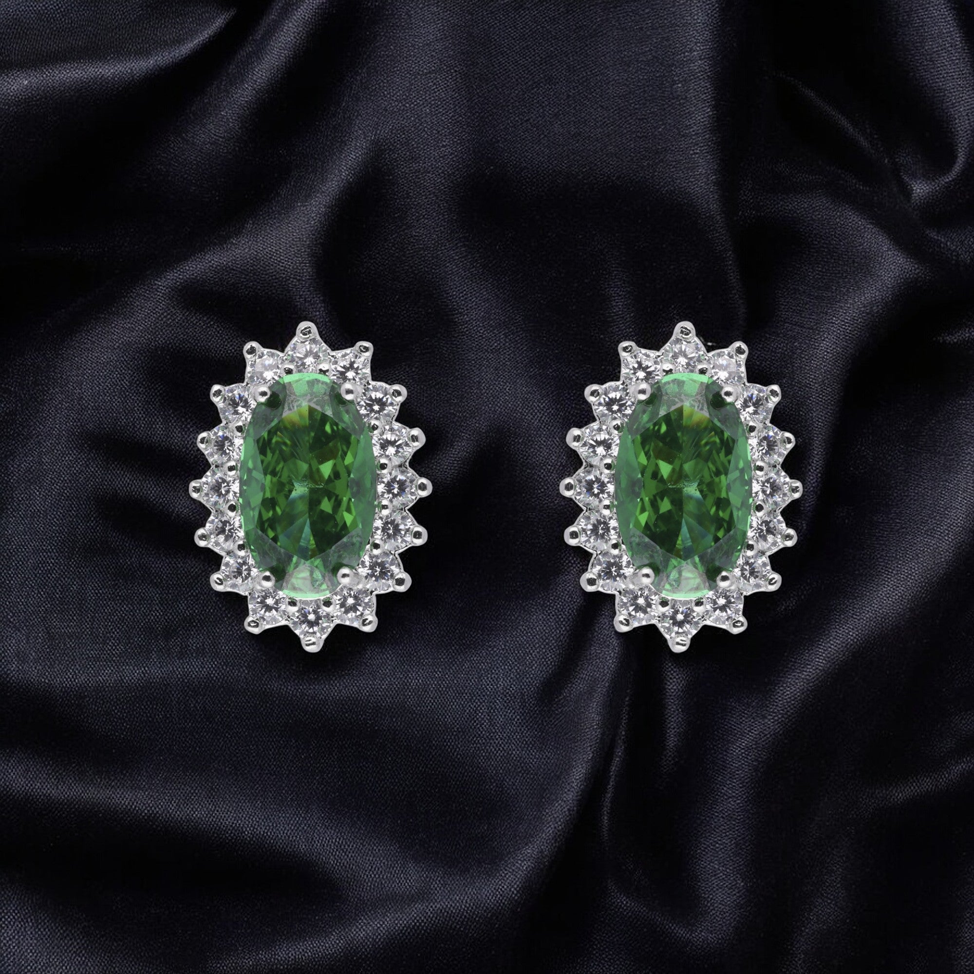 Sterling Silver Oval Green Gemstone Earstuds with Zircon Accents | SKU : 0003396179, 0020809515