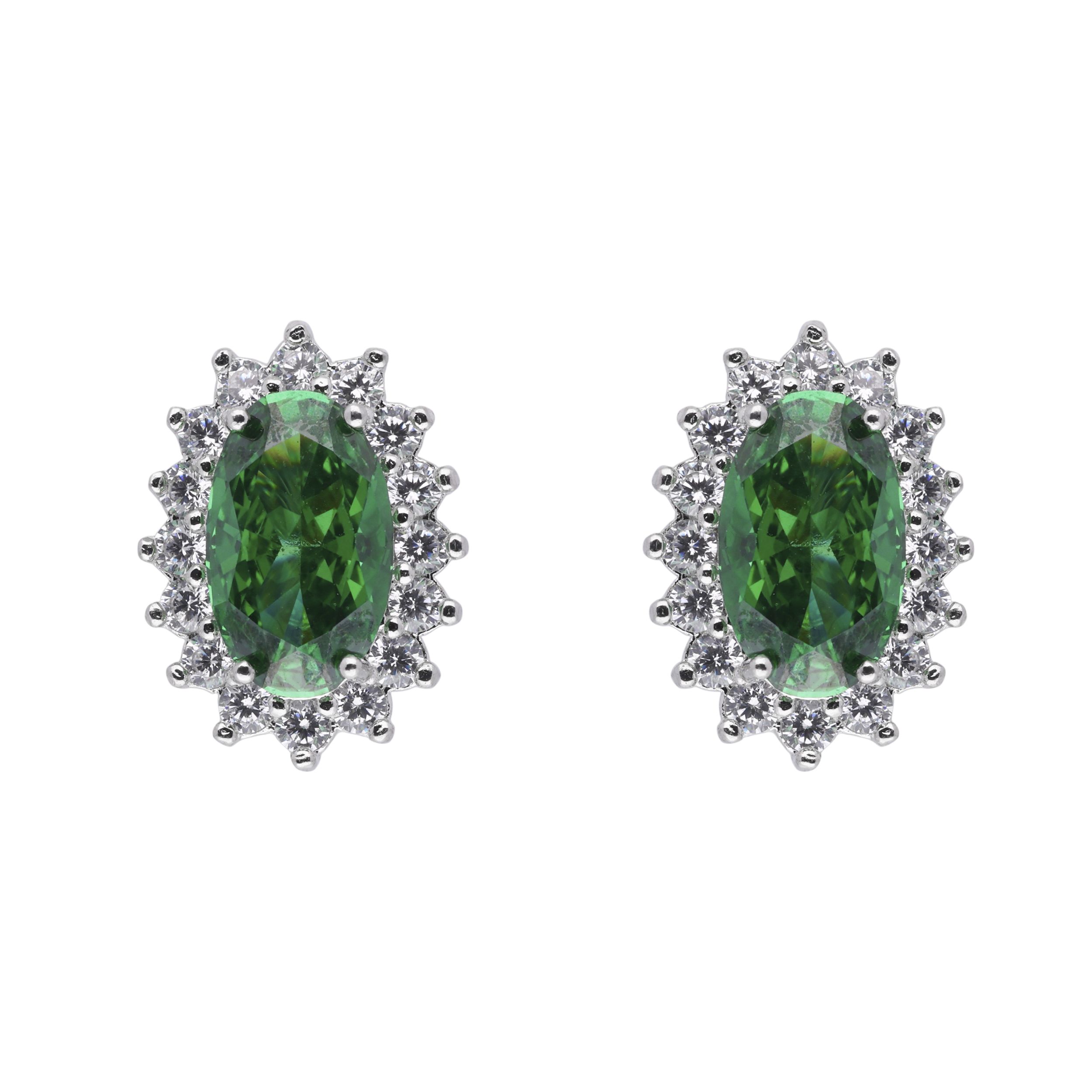 Sterling Silver Oval Green Gemstone Earstuds with Zircon Accents | SKU : 0003396179, 0020809515