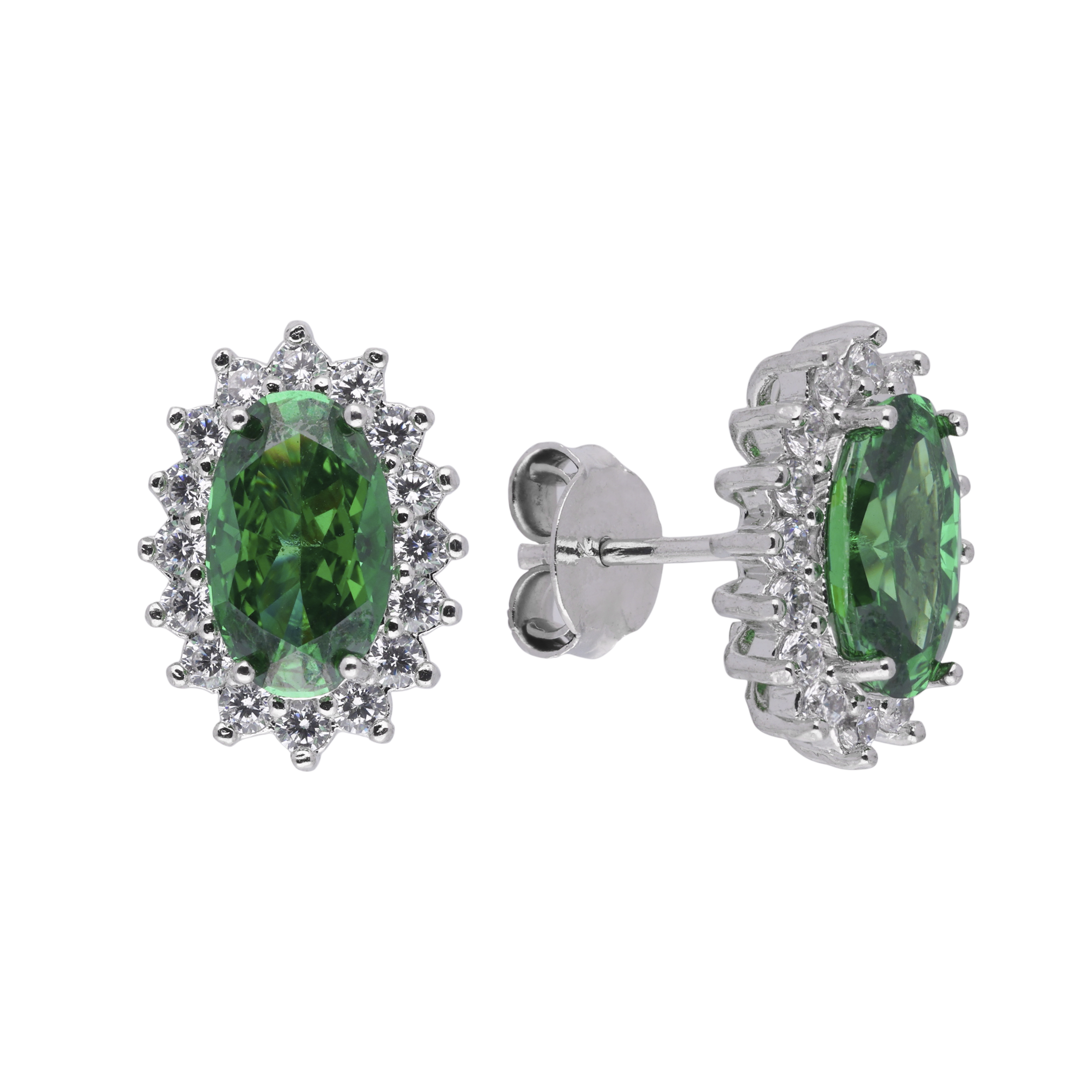 Sterling Silver Oval Green Gemstone Earstuds with Zircon Accents | SKU : 0003396179, 0020809515