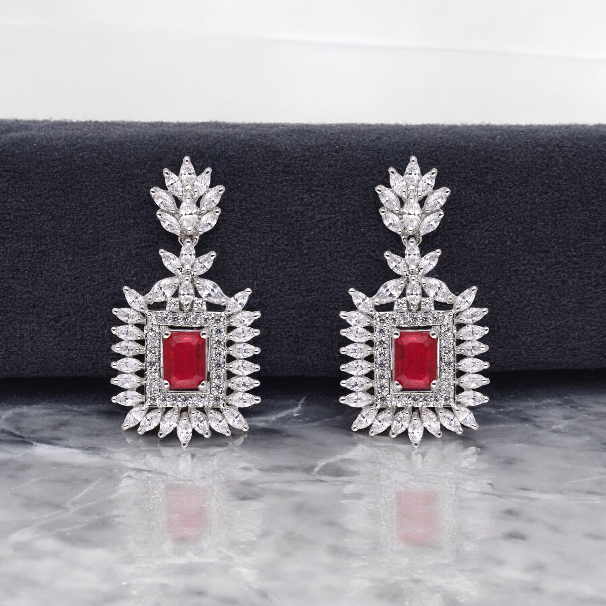 Majestic 925 Sterling Silver Dangle Earrings with Ruby & Marquise Cubic Zirconia | SKU : 0003534571, 0021326011, 0021326028