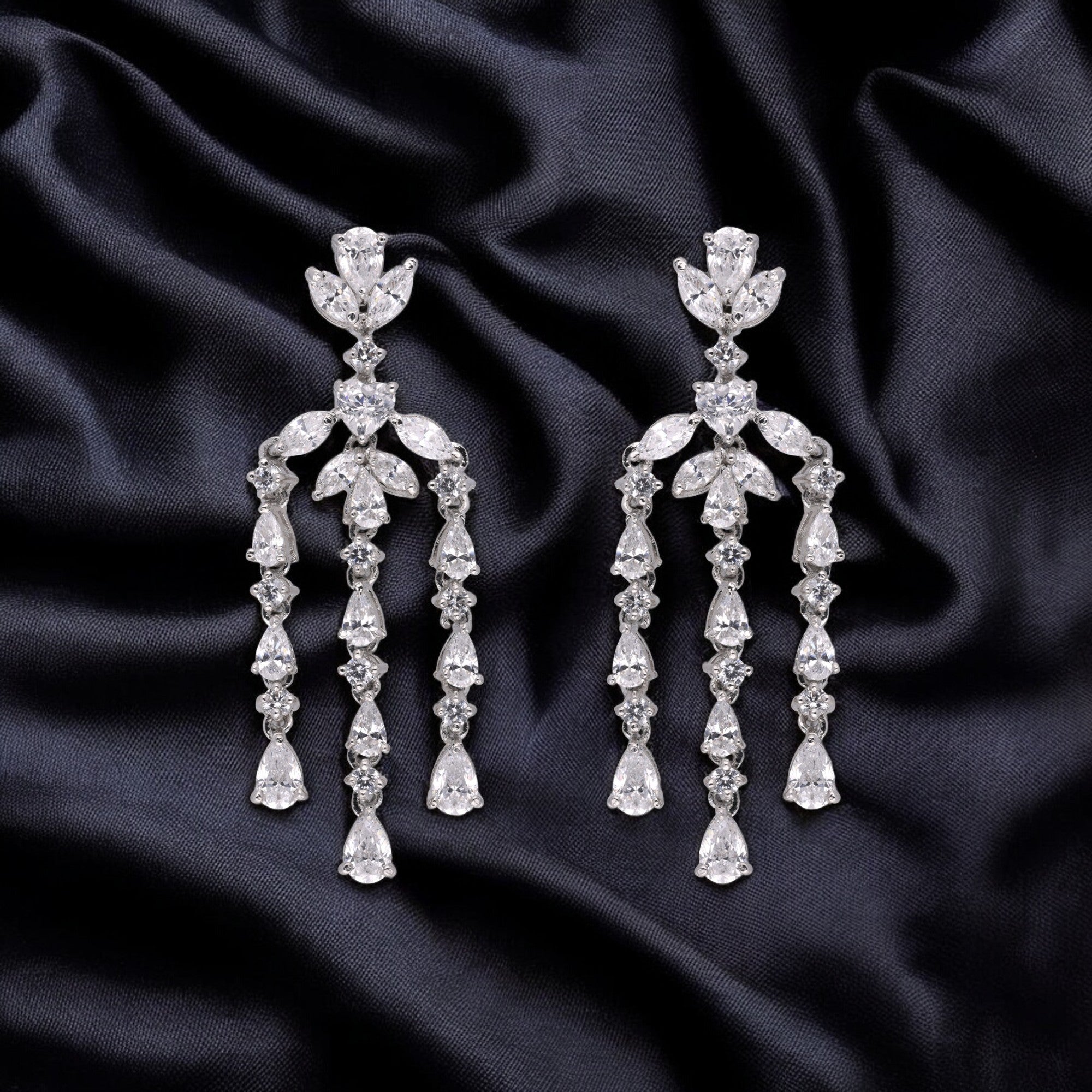 Ethereal 925 Sterling Silver Chandelier Earrings with Cascading Cubic Zirconia | SKU : 0003534588, 0021326035