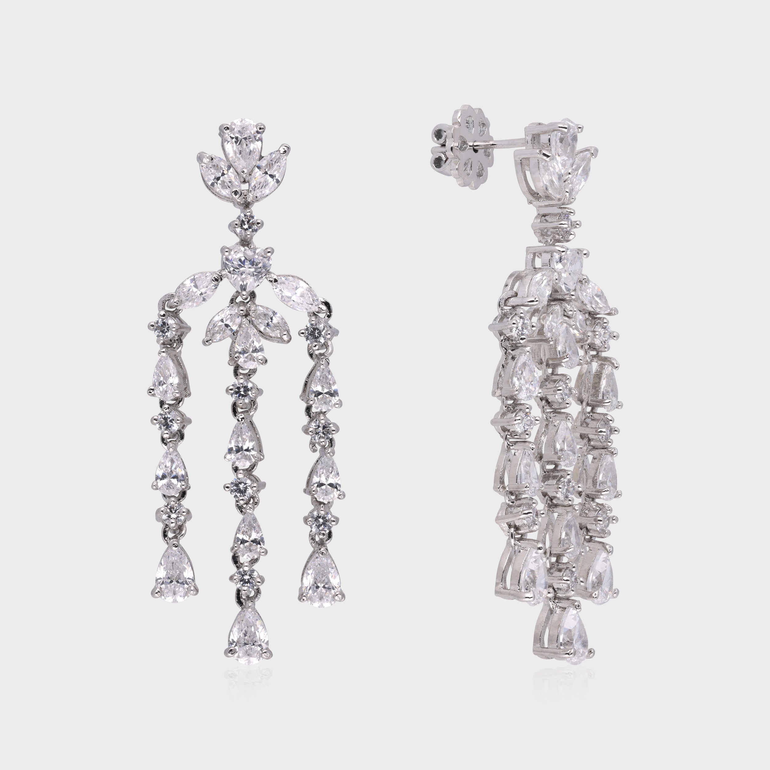 Ethereal 925 Sterling Silver Chandelier Earrings with Cascading Cubic Zirconia | SKU : 0003534588, 0021326035