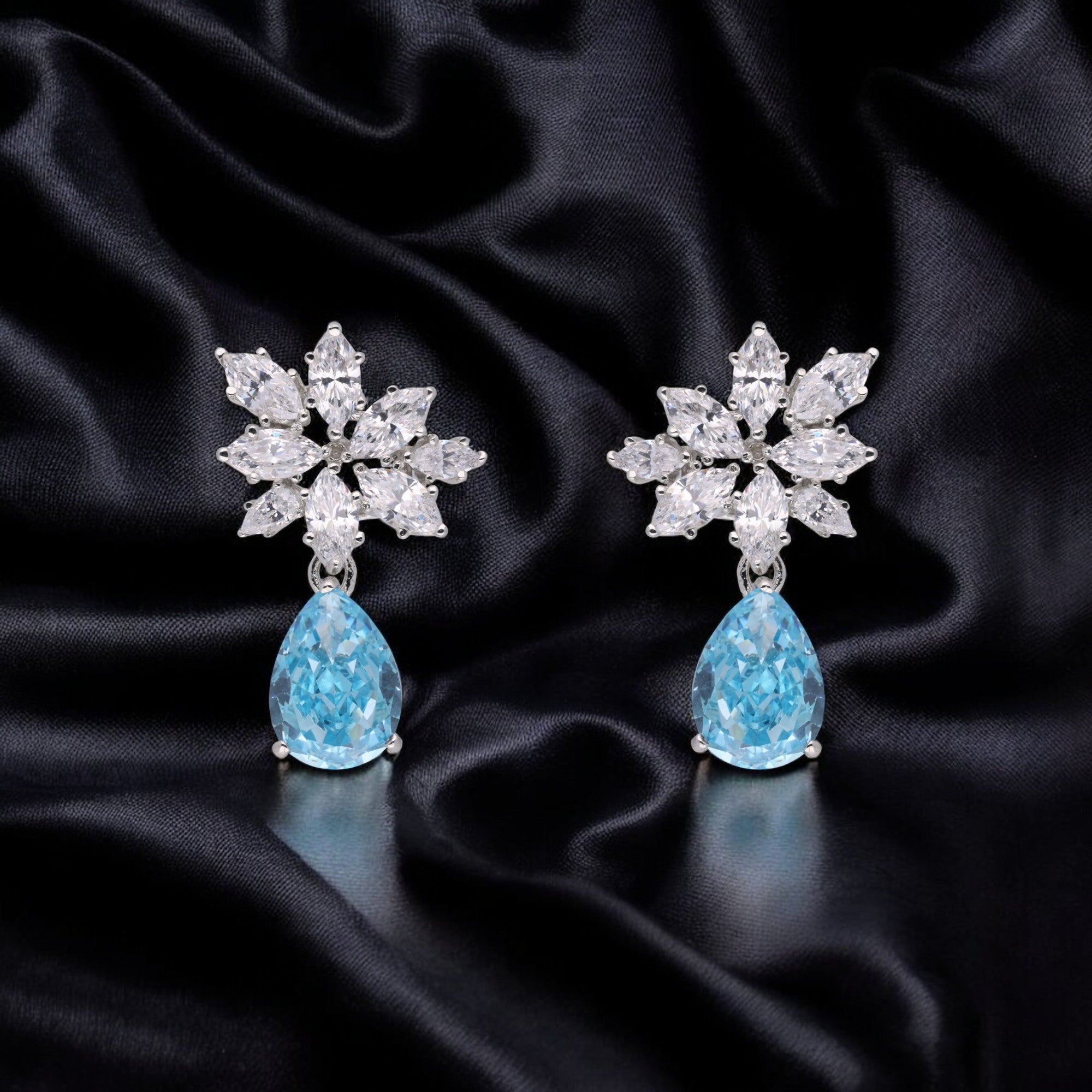 Elegant 925 Sterling Silver Floral Drop Earrings with Blue & Cubic Zirconia Accents | SKU : 0003534595, 0021326066, 0021326059