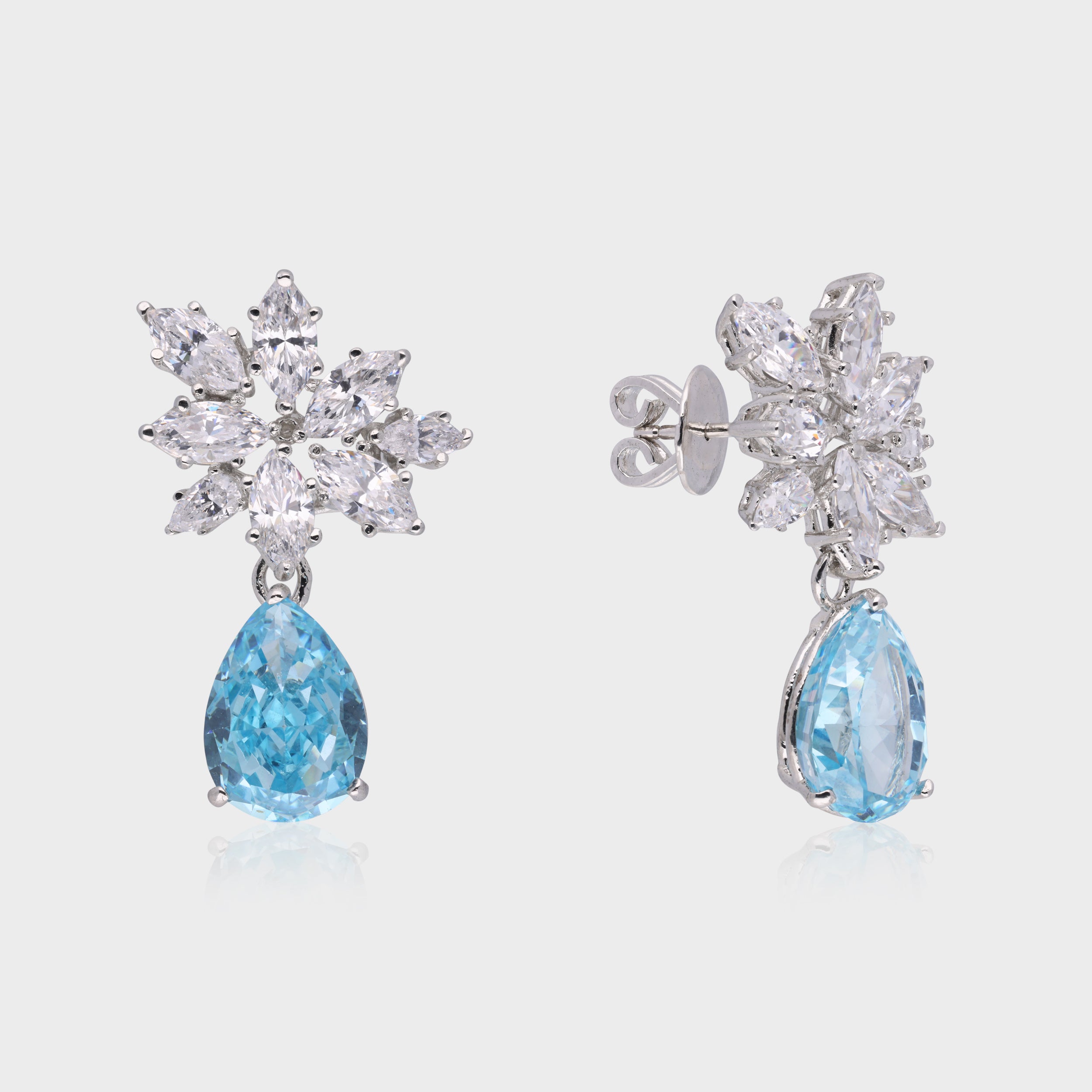 Elegant 925 Sterling Silver Floral Drop Earrings with Blue & Cubic Zirconia Accents | SKU : 0003534595, 0021326066, 0021326059