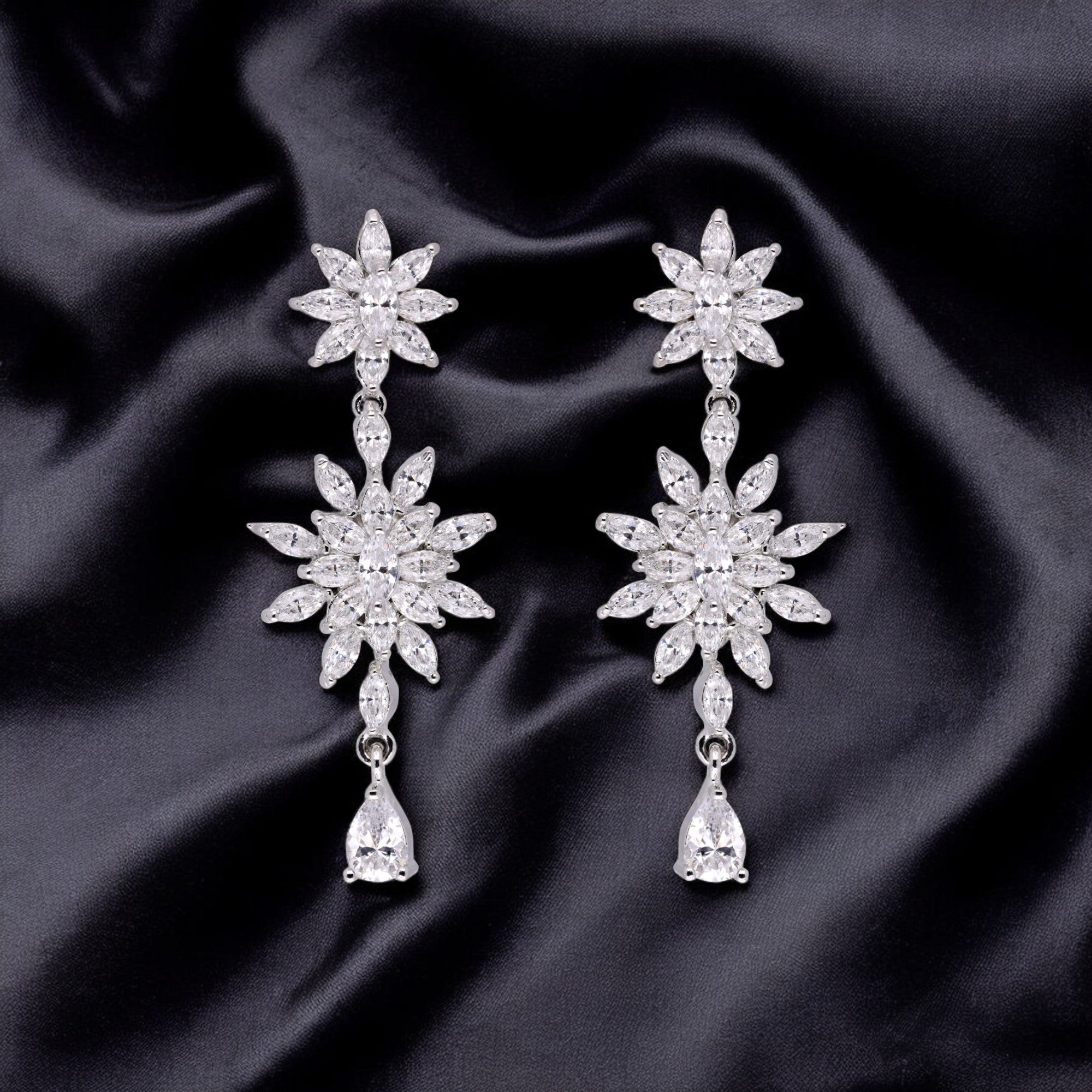 Exquisite 925 Sterling Silver Floral Chandelier Earrings with Cubic Zirconia | SKU : 0003534601, 0021326080, 0021326097