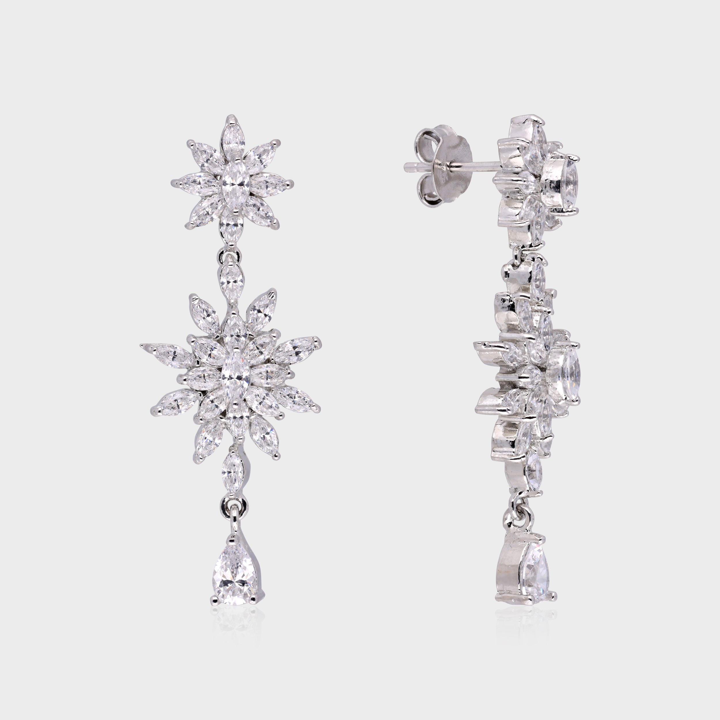 Exquisite 925 Sterling Silver Floral Chandelier Earrings with Cubic Zirconia | SKU : 0003534601, 0021326080, 0021326097