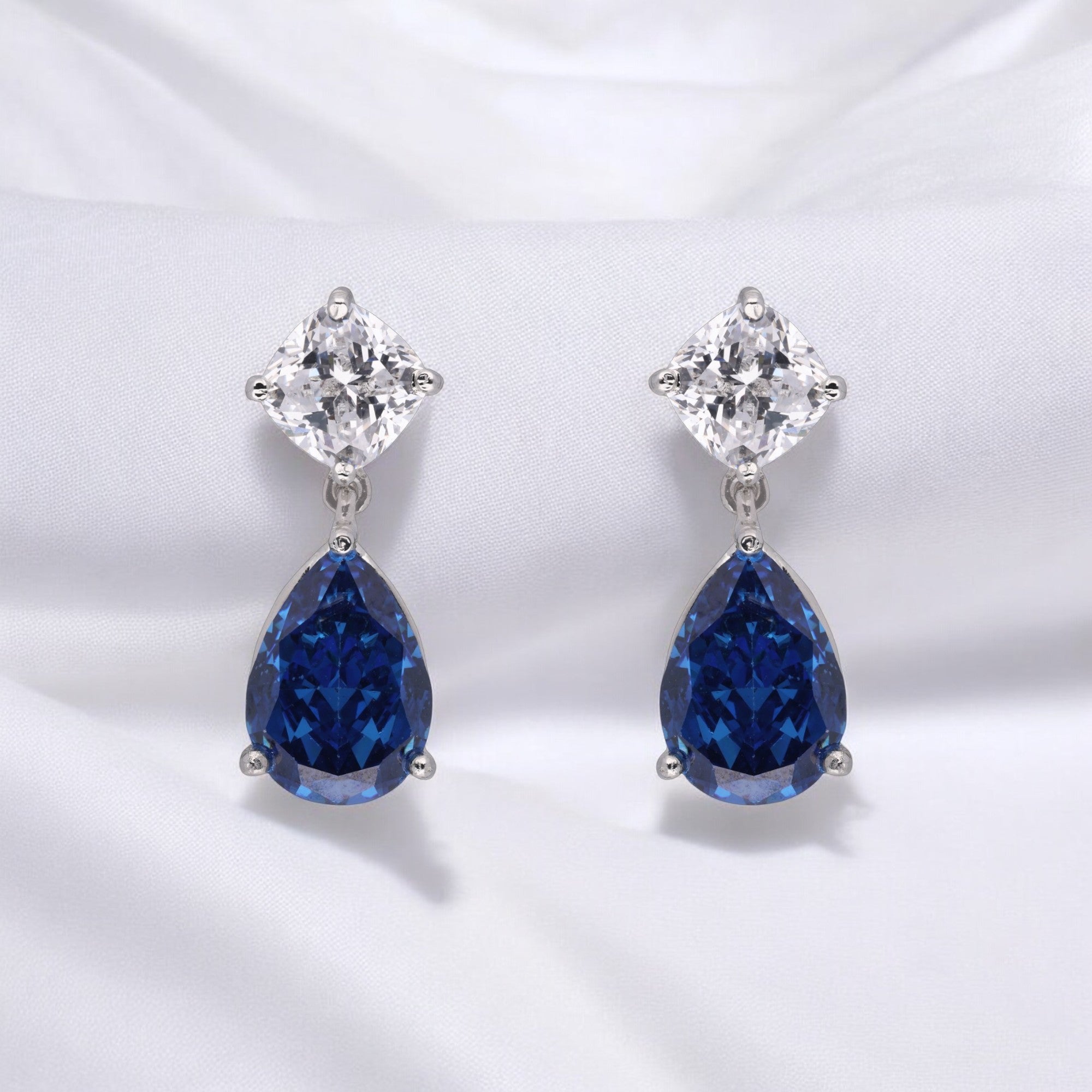 Elegant 925 Sterling Silver Sapphire Drop Earrings with Cushion-Cut Accents | SKU : 0003534663, 0021326196, 0021326219, 0021326202, 0021326189