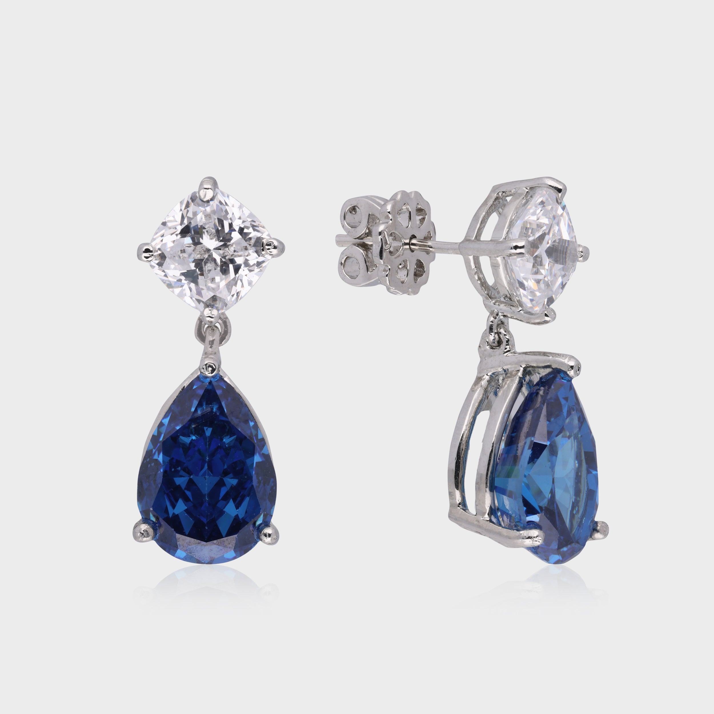 Elegant 925 Sterling Silver Sapphire Drop Earrings with Cushion-Cut Accents | SKU : 0003534663, 0021326196, 0021326219, 0021326202, 0021326189