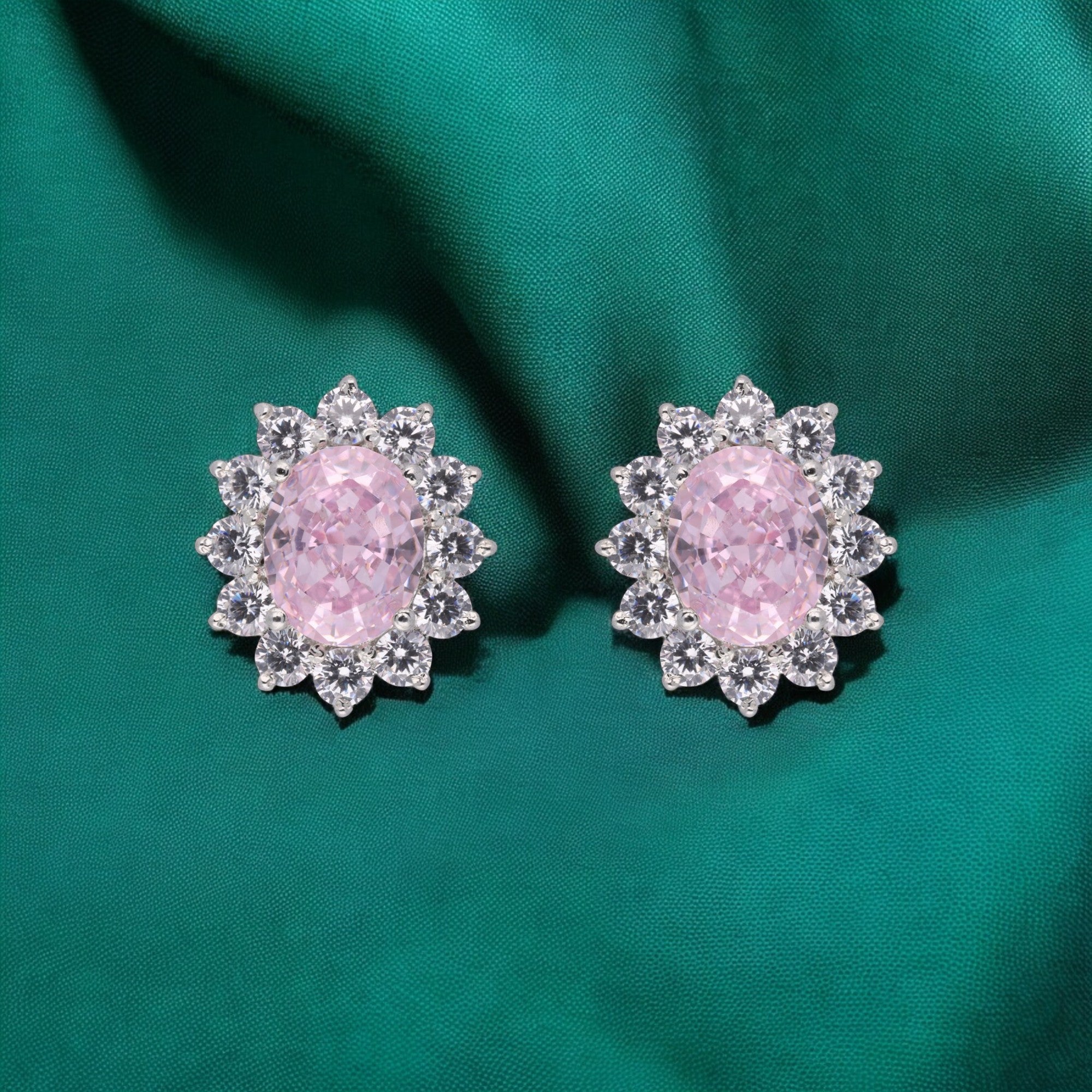 Regal Bloom: Oval Pink Gemstone Halo Stud Earrings in Sterling Silver | SKU : 0003534731, 0021326363, 0021326356