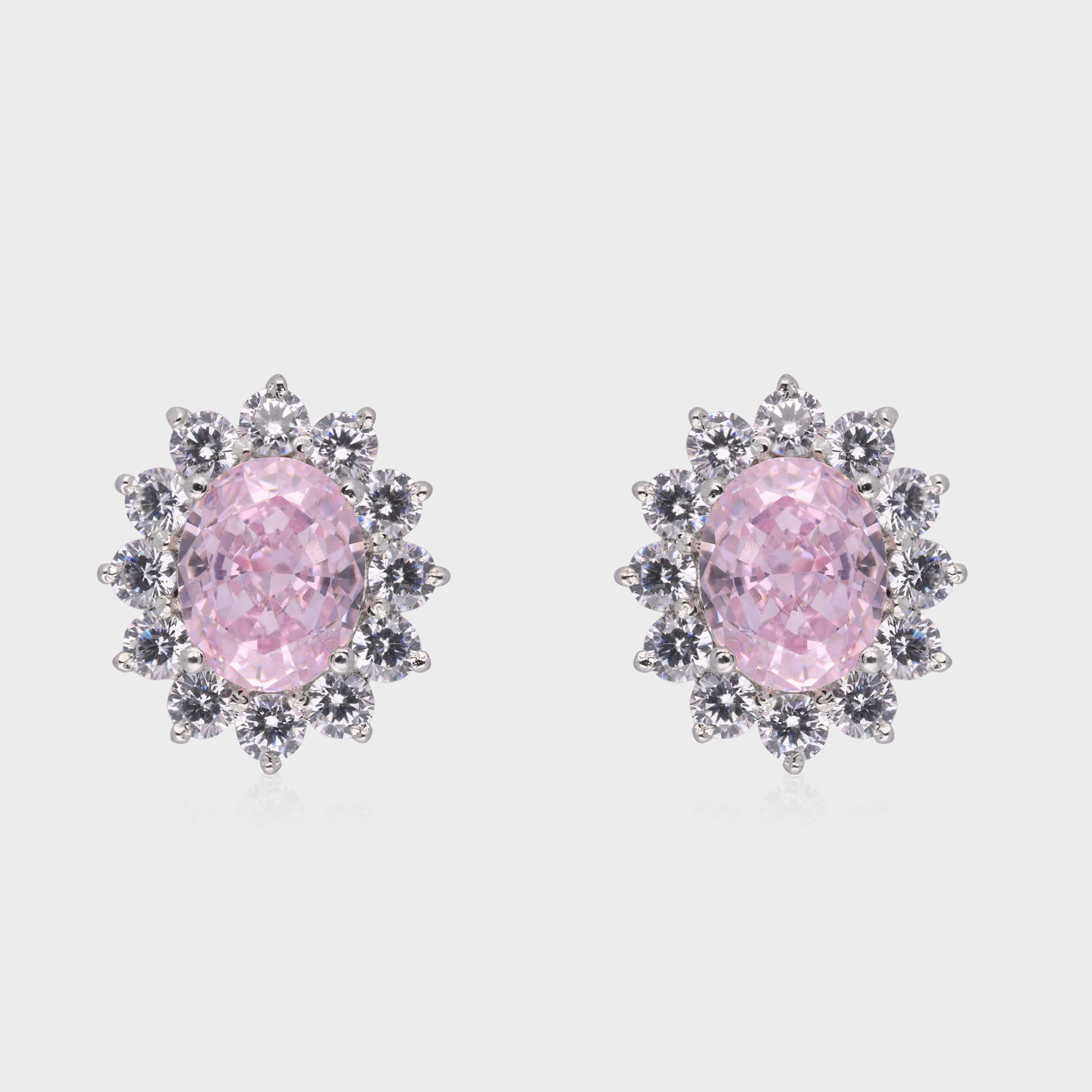 Regal Bloom: Oval Pink Gemstone Halo Stud Earrings in Sterling Silver | SKU : 0003534731, 0021326363, 0021326356