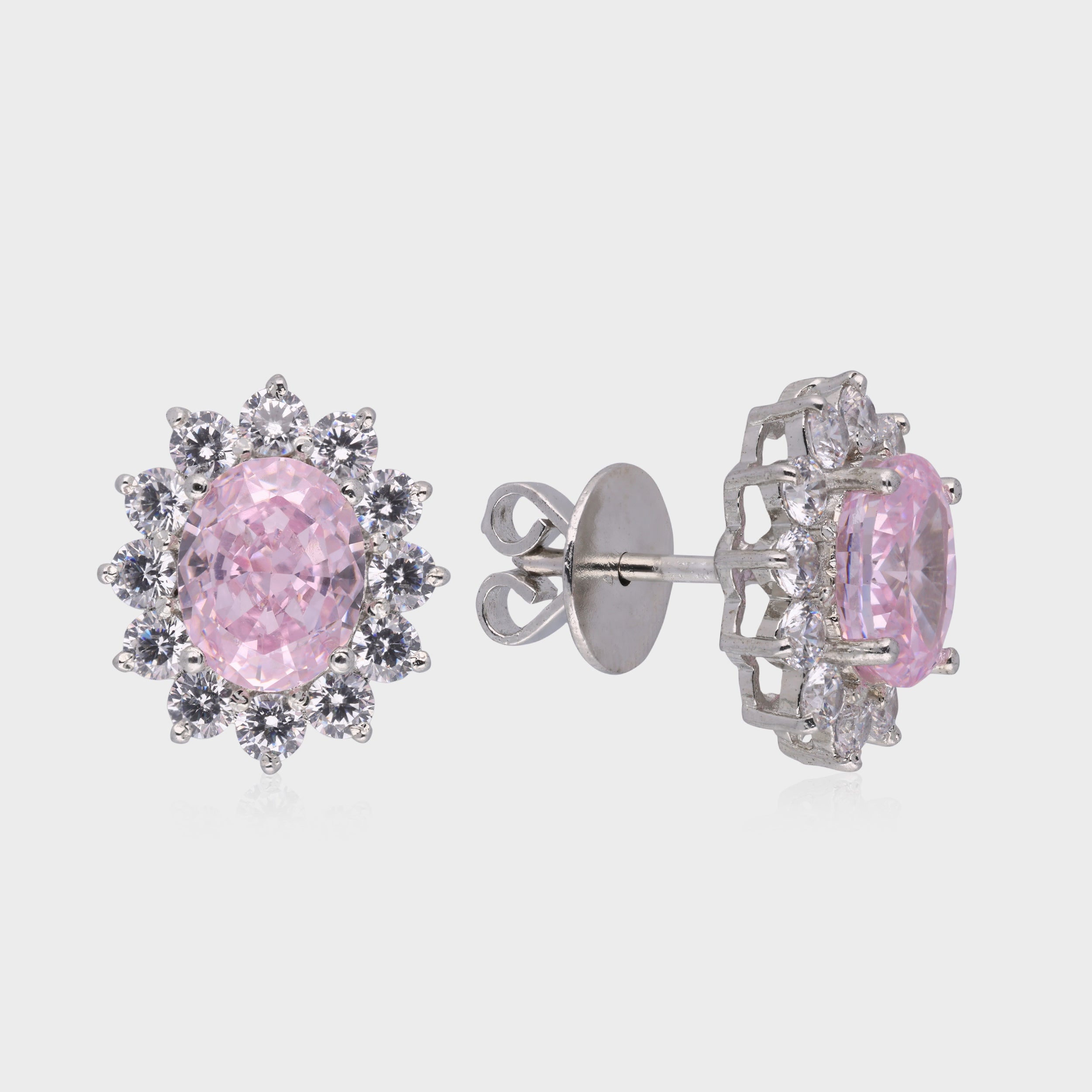 Regal Bloom: Oval Pink Gemstone Halo Stud Earrings in Sterling Silver | SKU : 0003534731, 0021326363, 0021326356