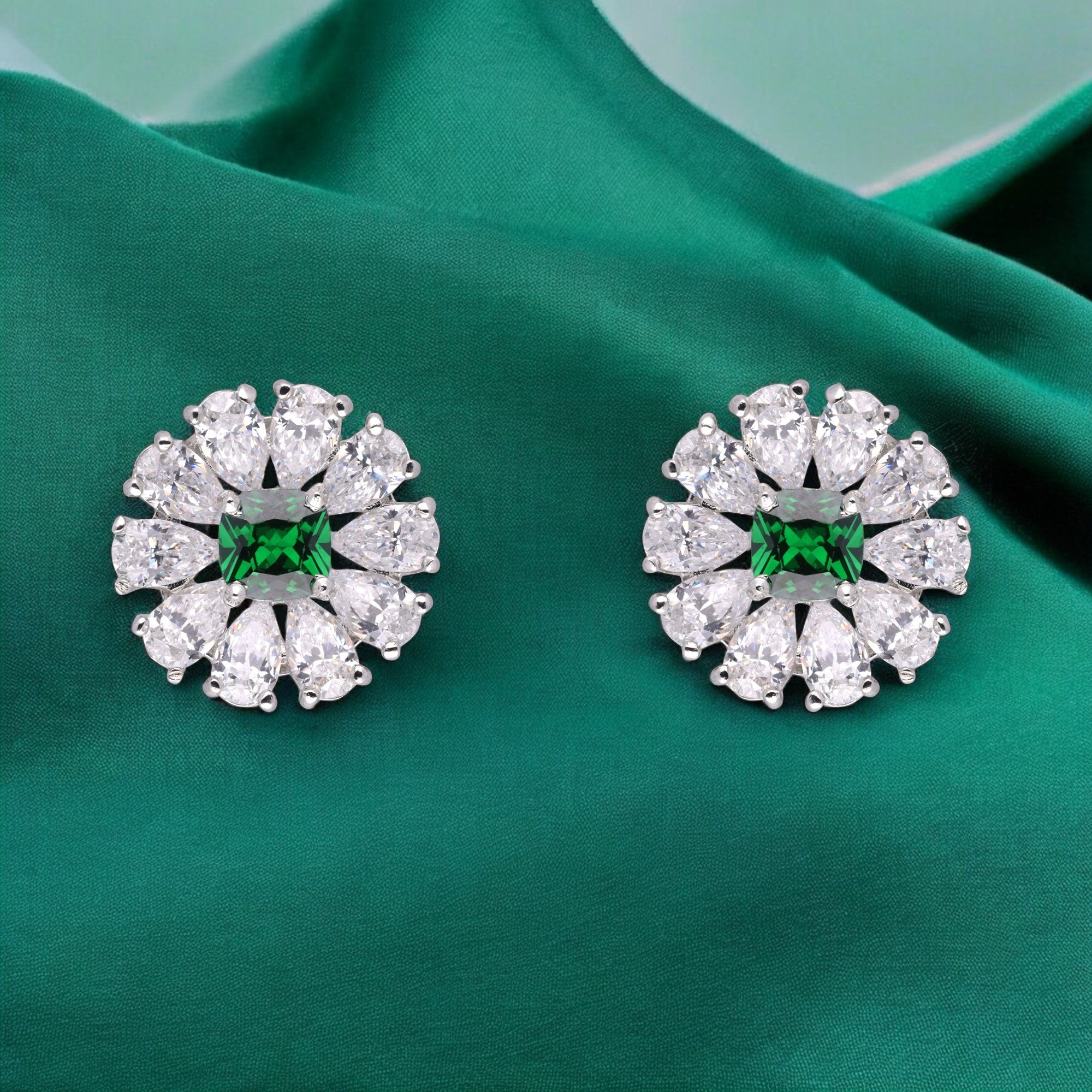 Majestic Bloom: Emerald & Diamond-Inspired Floral Stud Earrings in Sterling Silver | SKU : 0003534762, 0021326424, 0021326417