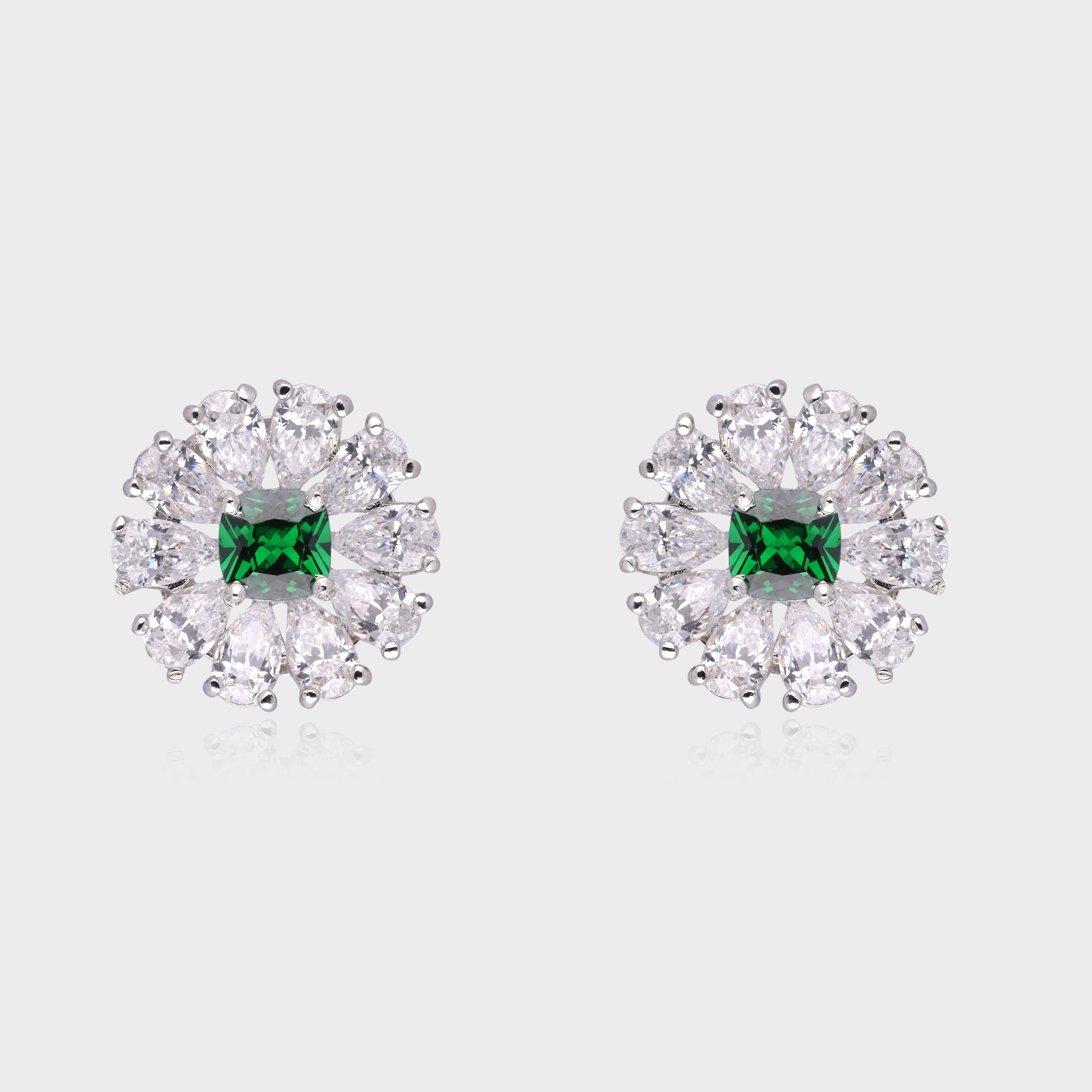 Majestic Bloom: Emerald & Diamond-Inspired Floral Stud Earrings in Sterling Silver | SKU : 0003534762, 0021326424, 0021326417