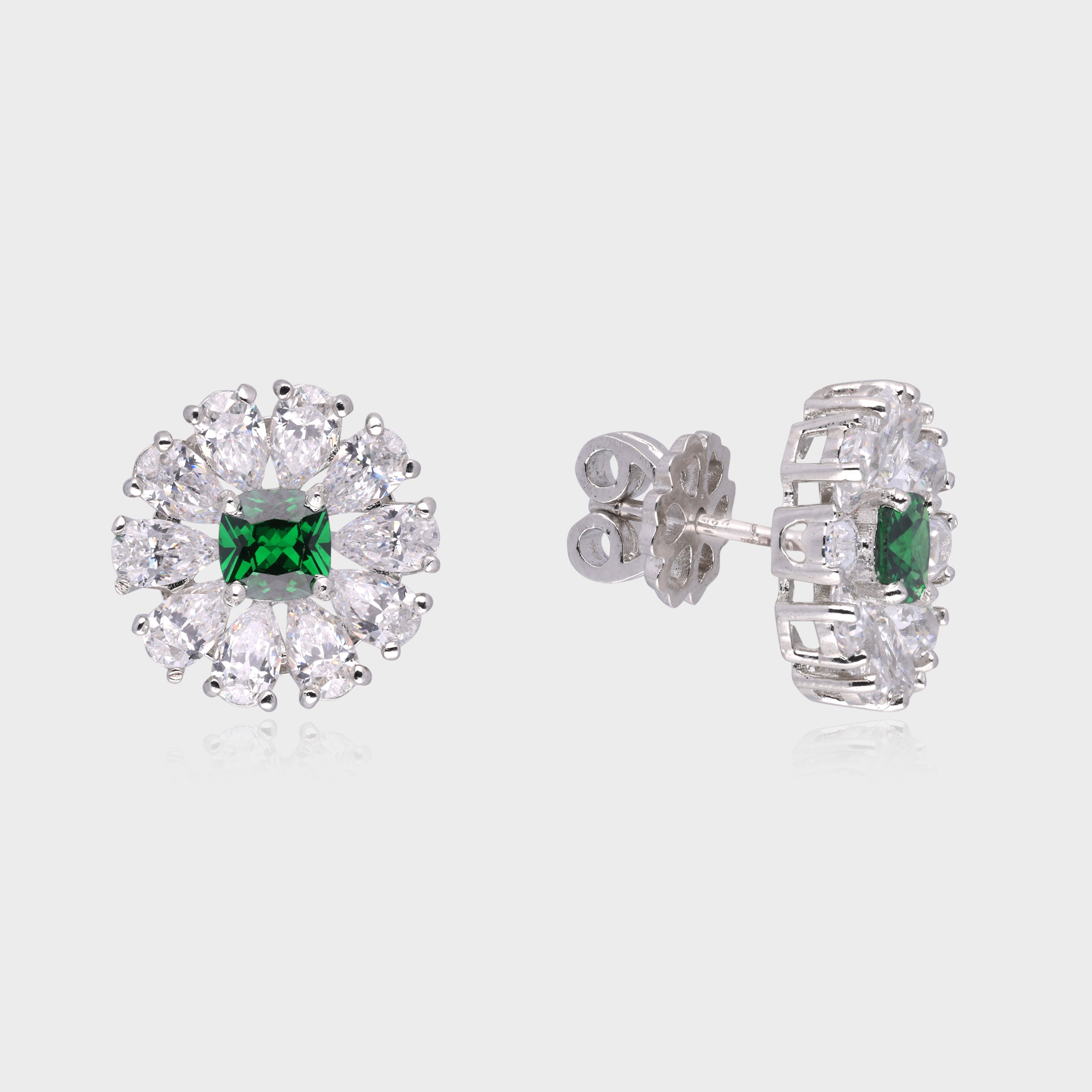 Majestic Bloom: Emerald & Diamond-Inspired Floral Stud Earrings in Sterling Silver | SKU : 0003534762, 0021326424, 0021326417