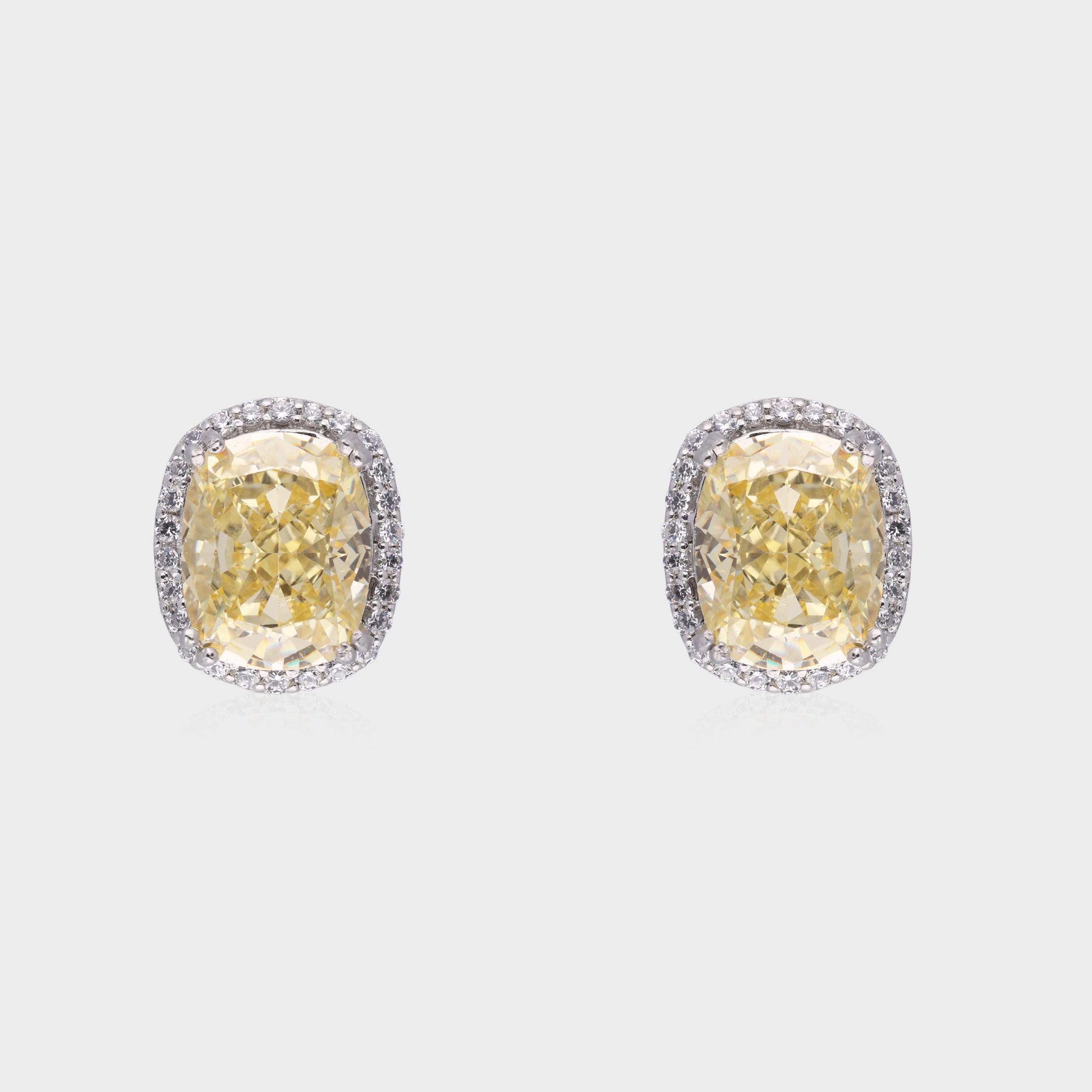 Majestic Radiance: Cushion-Cut Yellow Gemstone Halo Stud Earrings in Sterling Silver | SKU : 0003534786, 0021326462, 0021326455