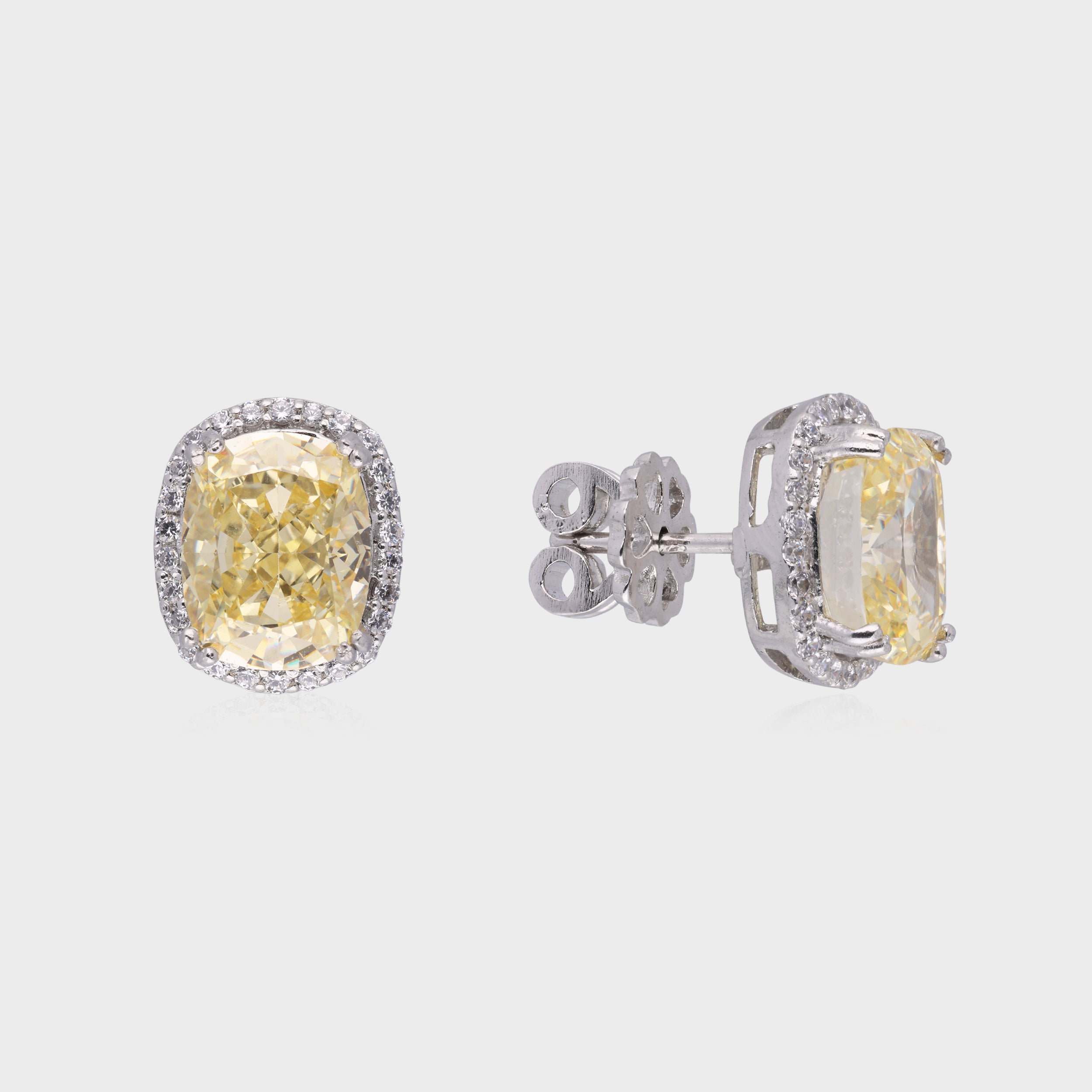 Majestic Radiance: Cushion-Cut Yellow Gemstone Halo Stud Earrings in Sterling Silver | SKU : 0003534786, 0021326462, 0021326455