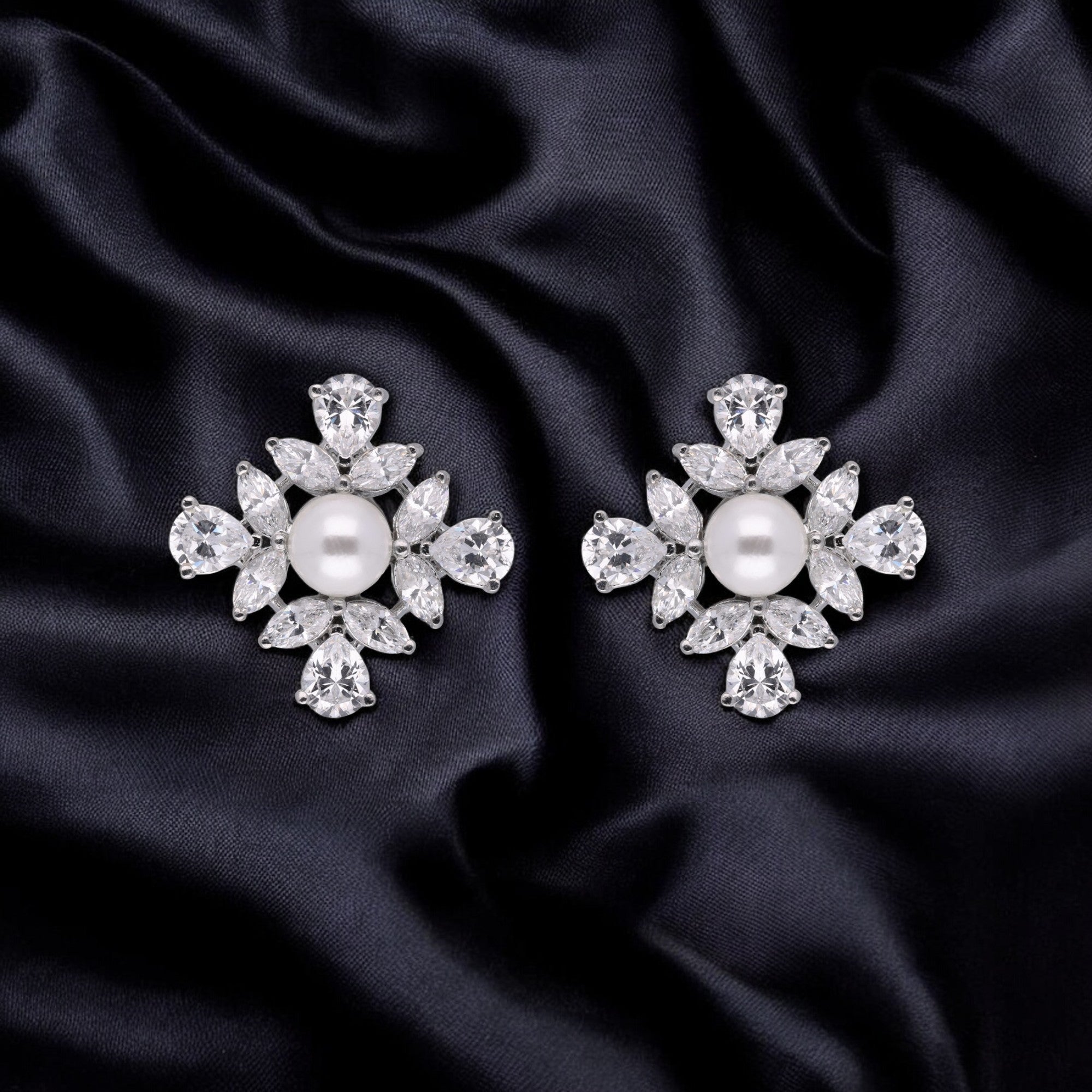 Imperial Grace: Pearl & Diamond-Inspired Floral Stud Earrings in Sterling Silver | SKU : 0003534816